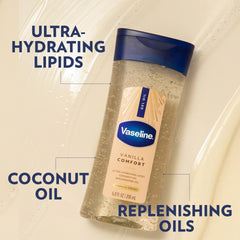 Vaseline Vanilla Comfort Gel Oil bottle displayed on a glossy gel oil background with text