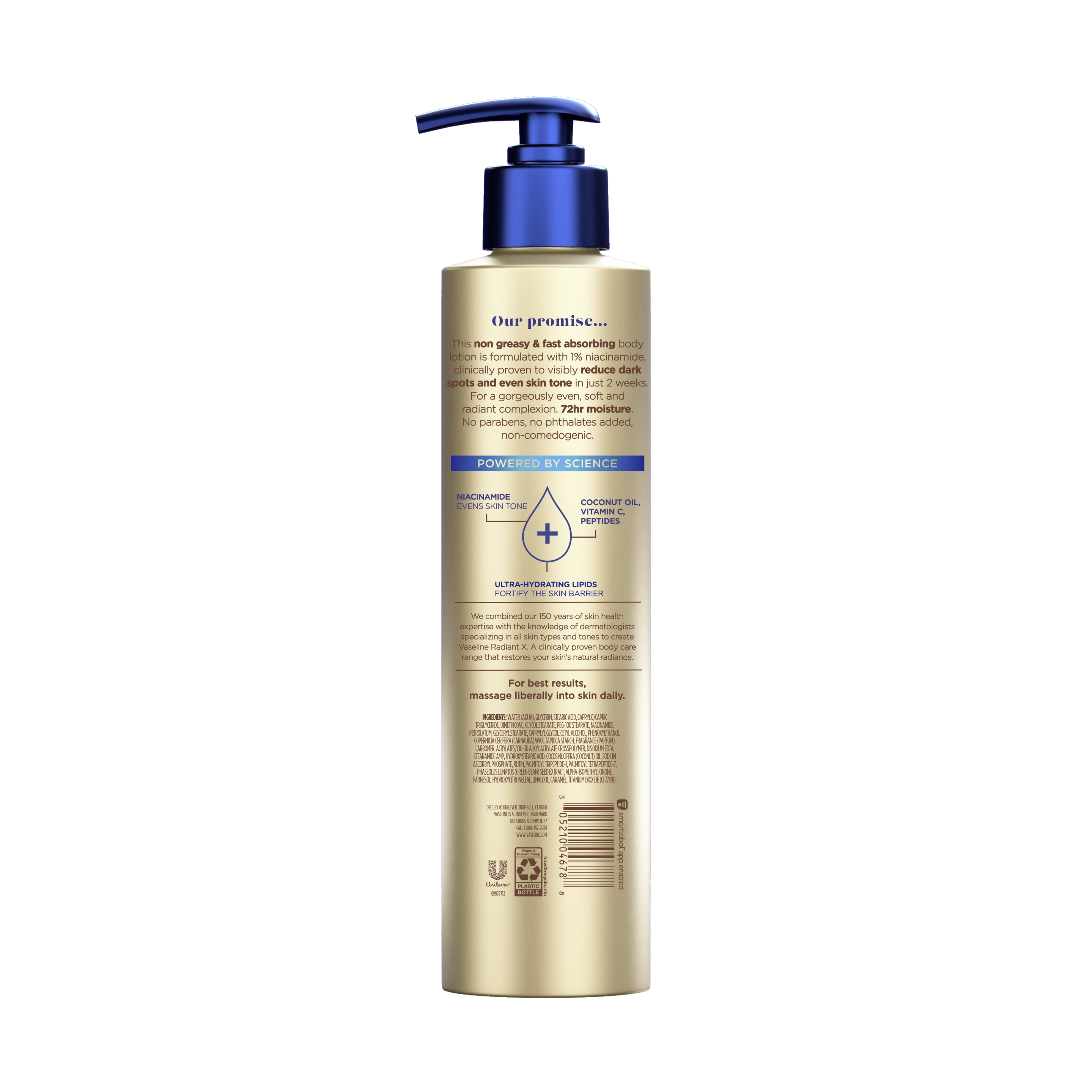 Vaseline® Radiant X Even Tone Nourishing Body Lotion Back of Pack