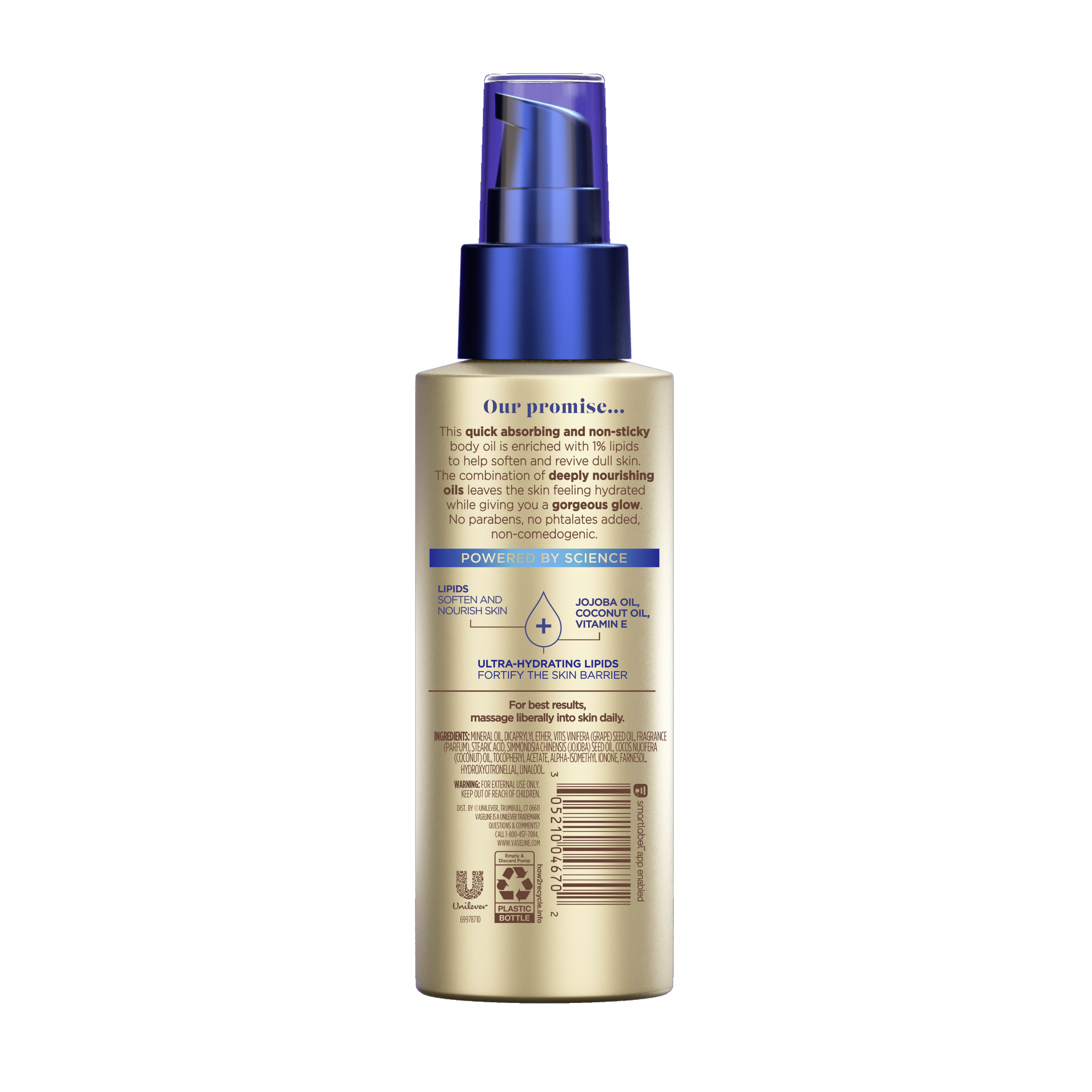 Vaseline® Radiant X Replenishing Body Oil Front Back of Pack