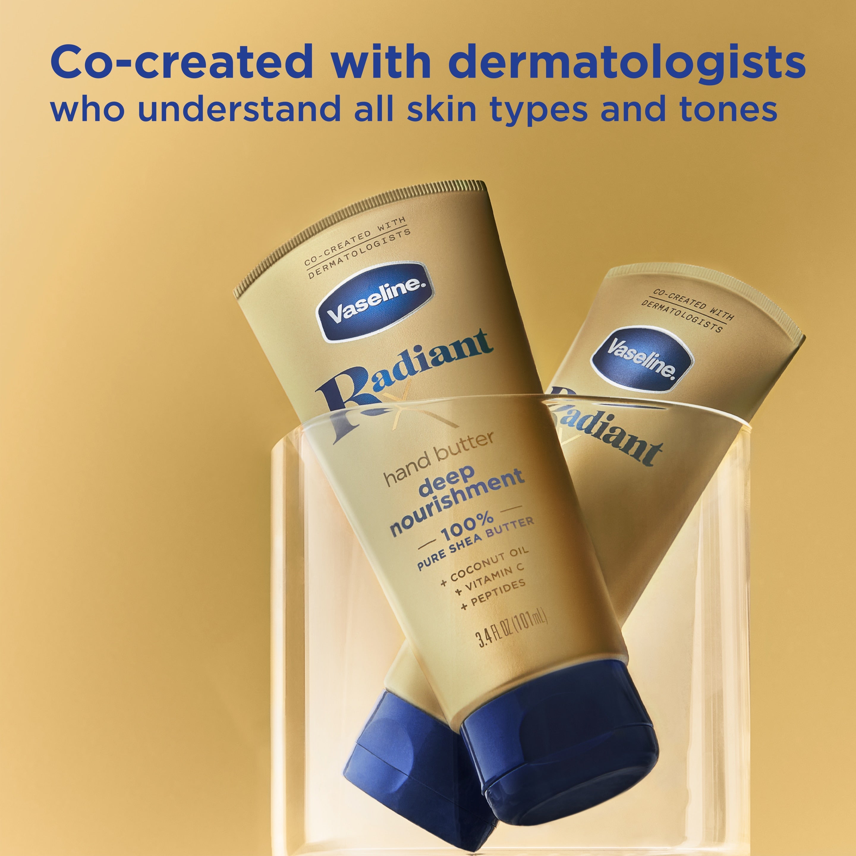 Two Vaseline® Radiant X Deep Nourishment Hand Butter packs in a glass