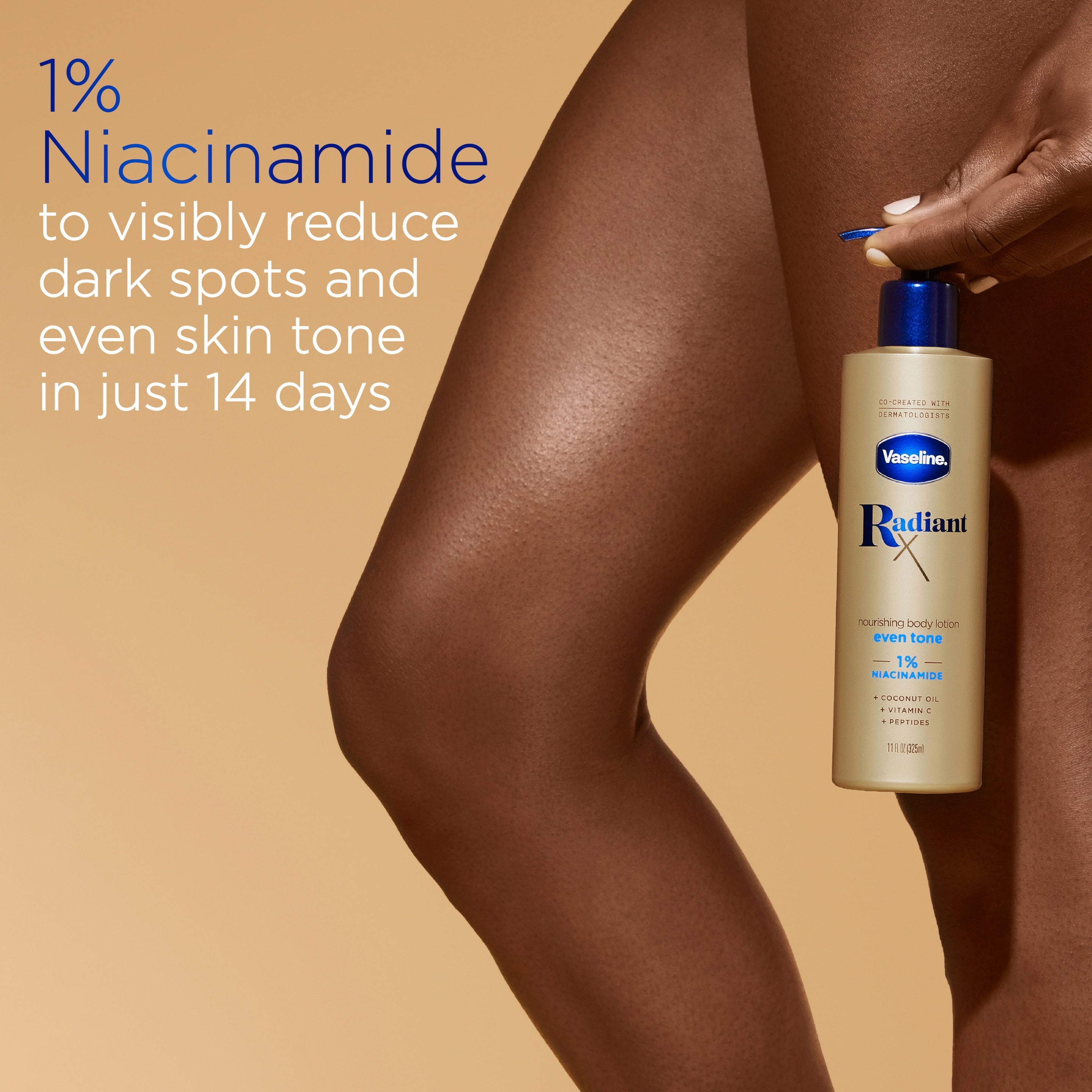 Woman holding Vaseline® Radiant X Even Tone Nourishing Body Lotion
