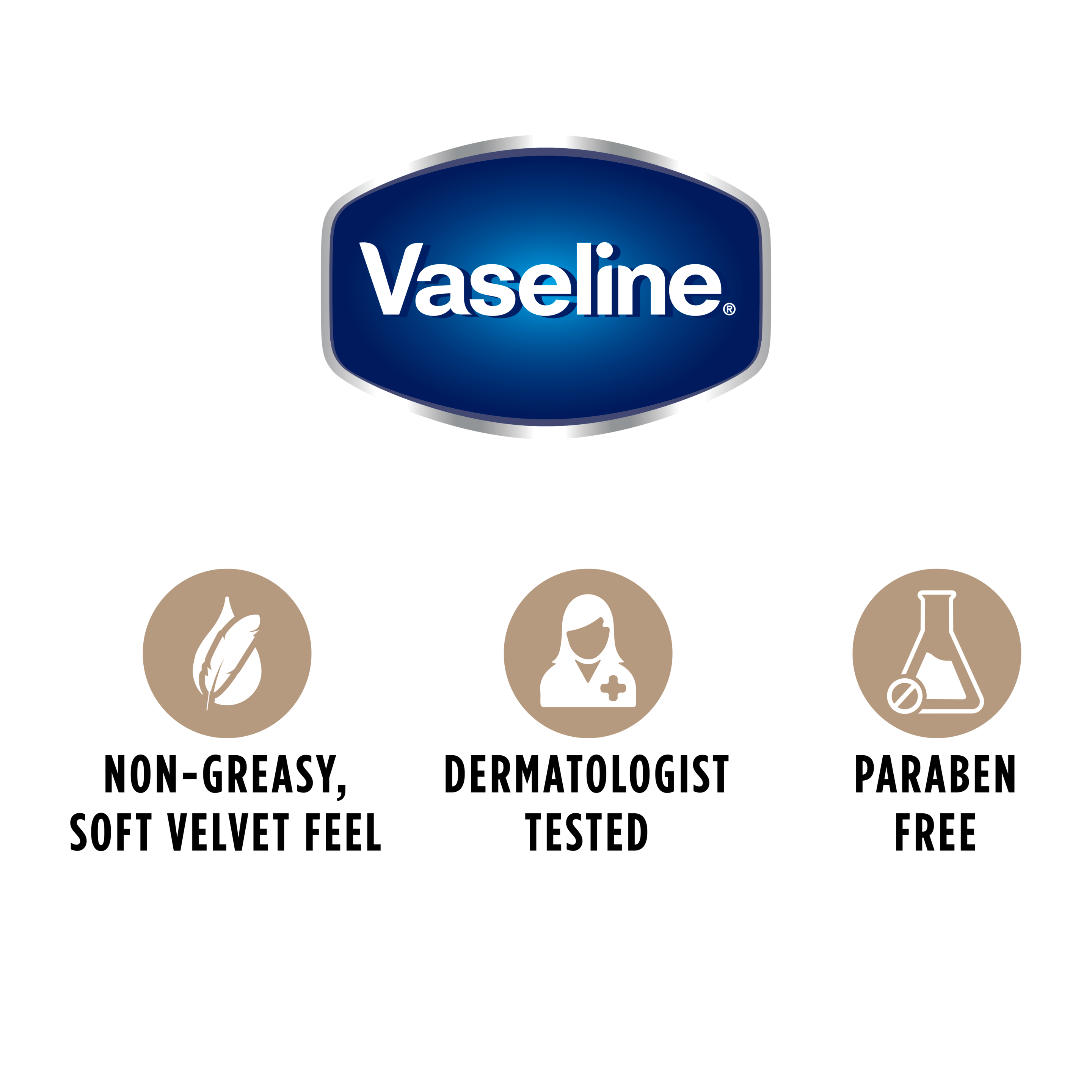 The Vaseline logo appears above three icons highlighting that the product is non‑greasy, dermatologist tested, and paraben‑free