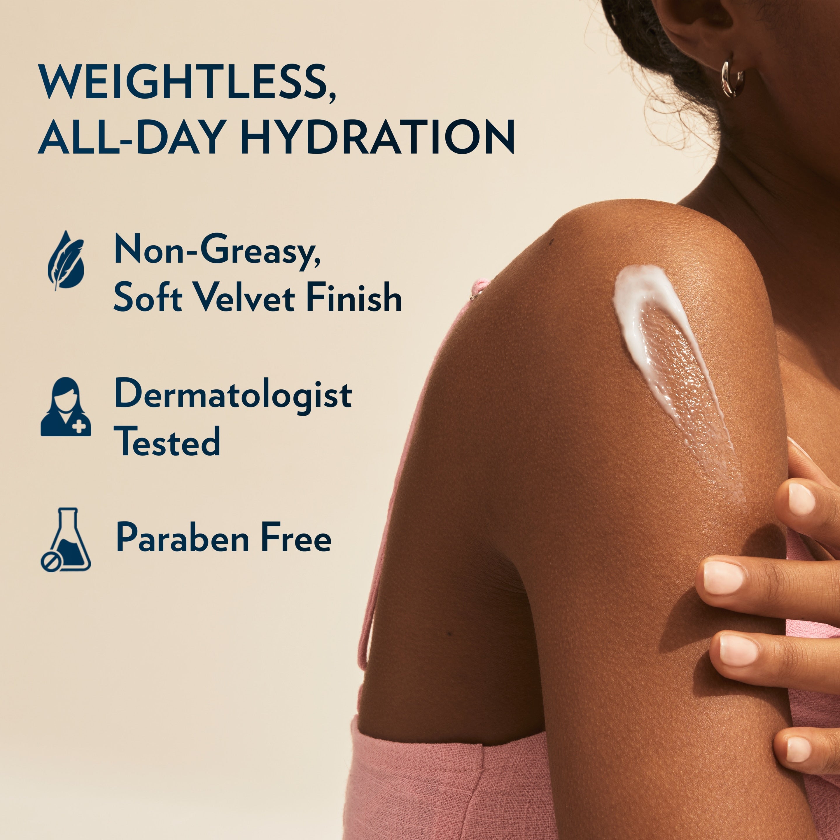 A person applies lotion to their shoulder beside text