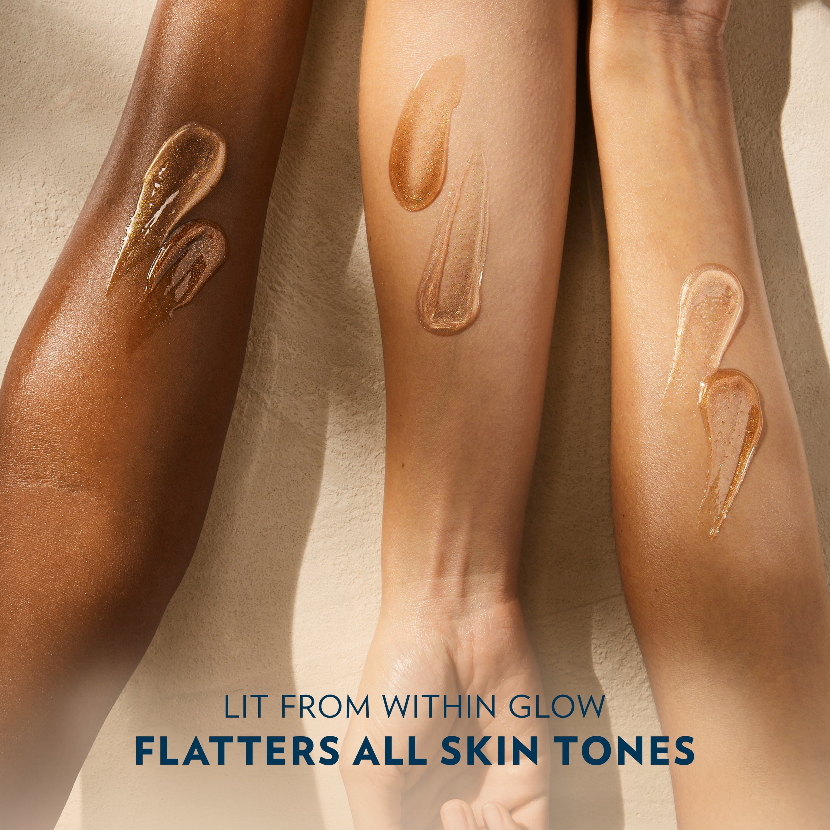 Three arms with different Vaseline gel oil swatches are shown to demonstrate a glowing finish that complements all skin tones