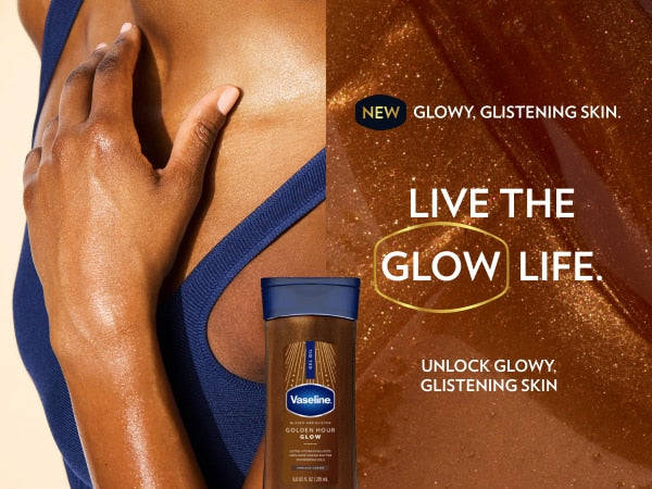 A close‑up of a hand and chest with shimmery skin is shown beside a bottle of Vaseline Golden Hour Glow gel oil
