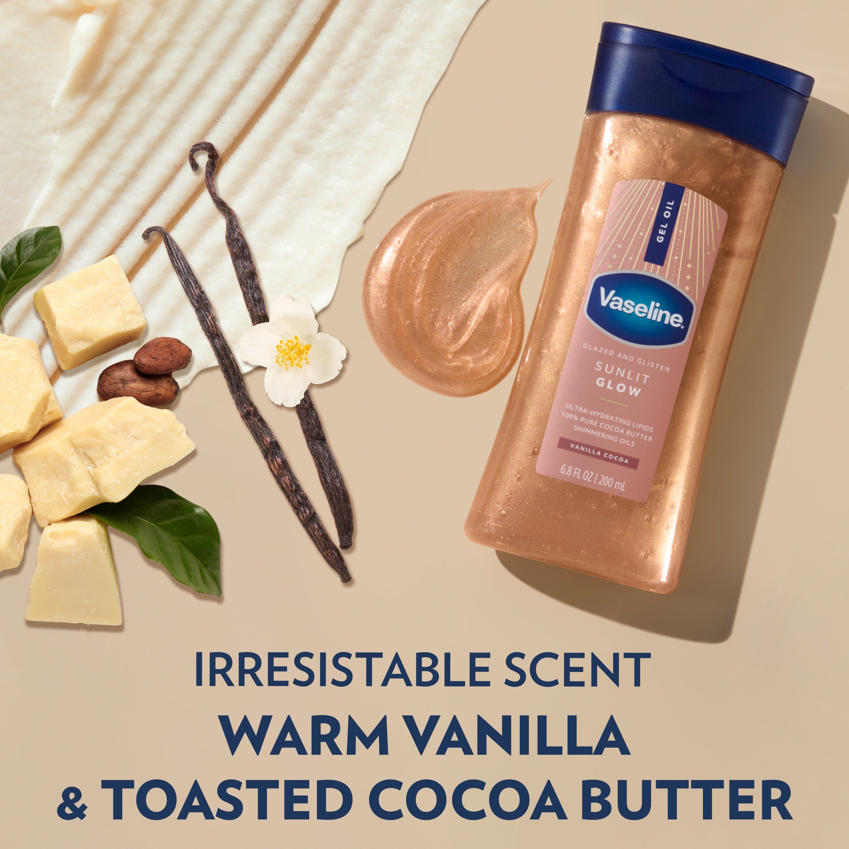 A Vaseline Sunlit Glow gel oil bottle is shown with cocoa butter pieces, vanilla beans, and a product swatch beside text
