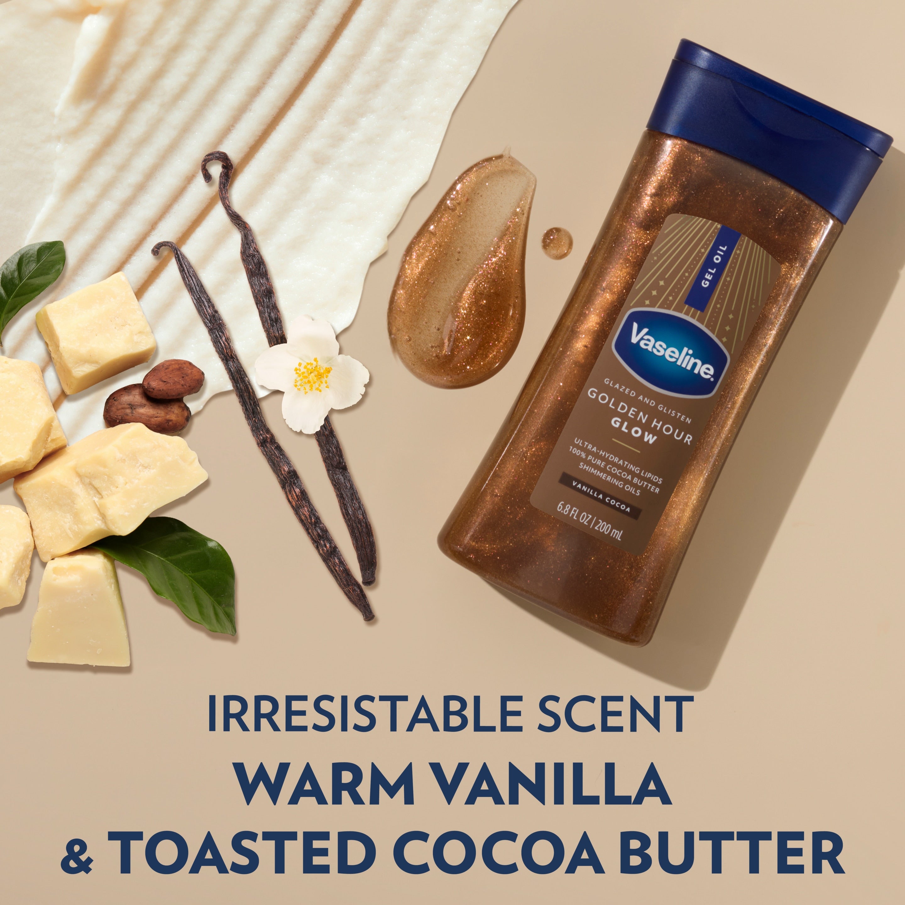 A bottle of Vaseline Golden Hour Glow gel oil is shown beside vanilla, cocoa butter pieces, and a gel oil swatch with text