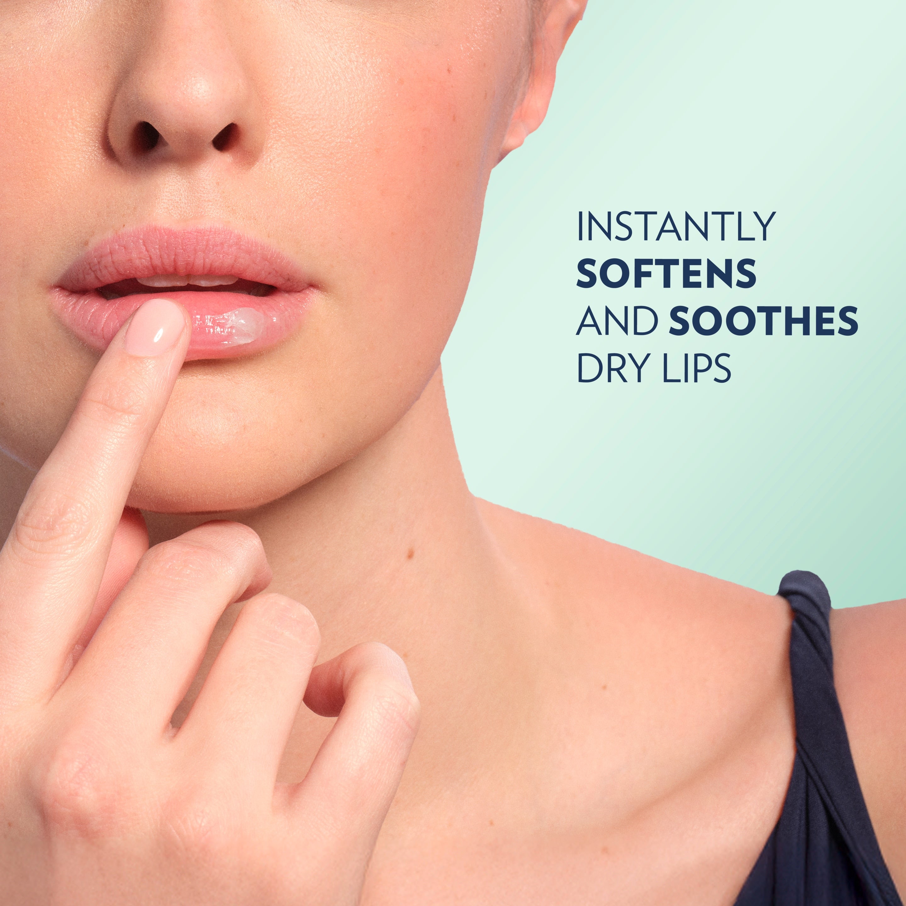 A finger lightly touches the mouth beside text