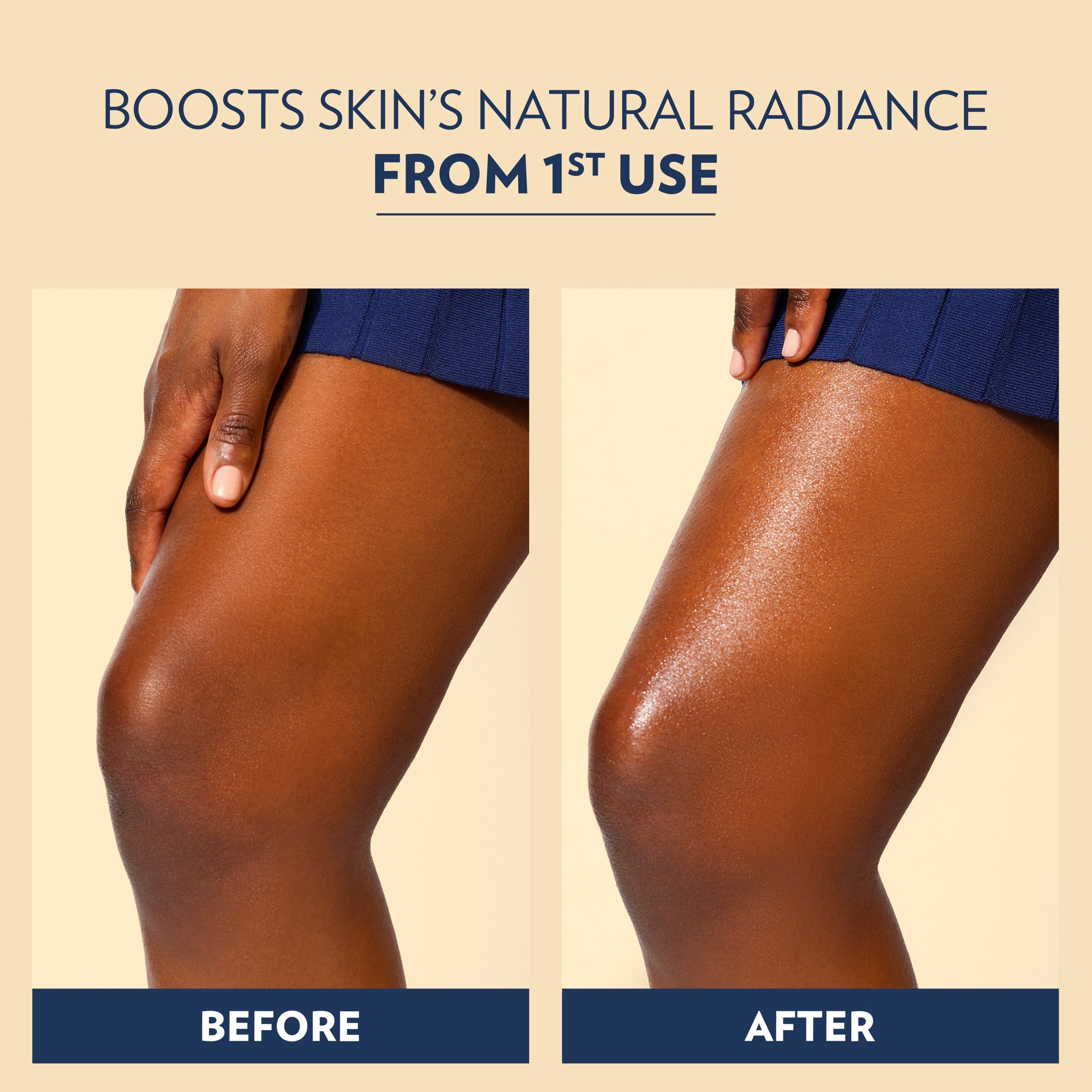 A bottle of Vaseline Cocoa Radiant lotion is held above a moisturized leg with lotion being dispensed, alongside text