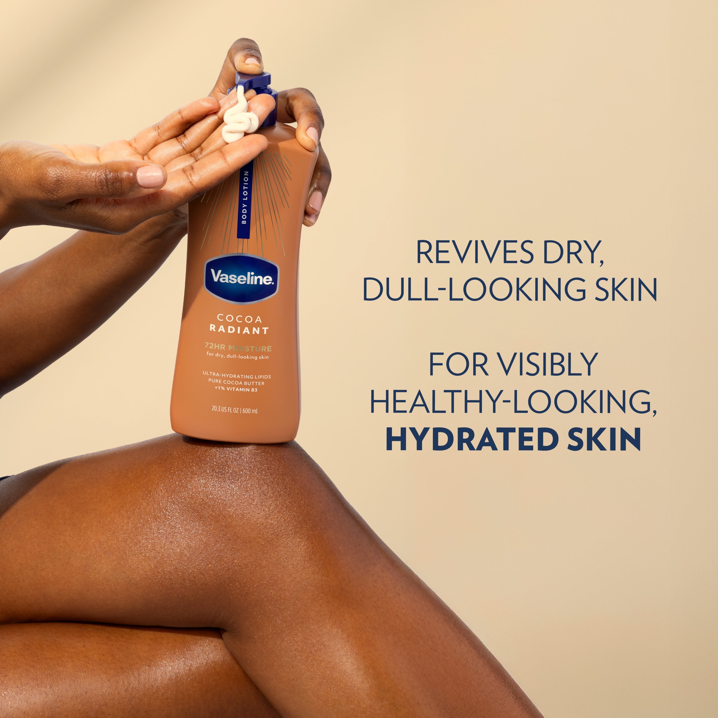 A person’s arm and leg are shown with Vaseline Cocoa Radiant Lotion applied to the thigh beside text