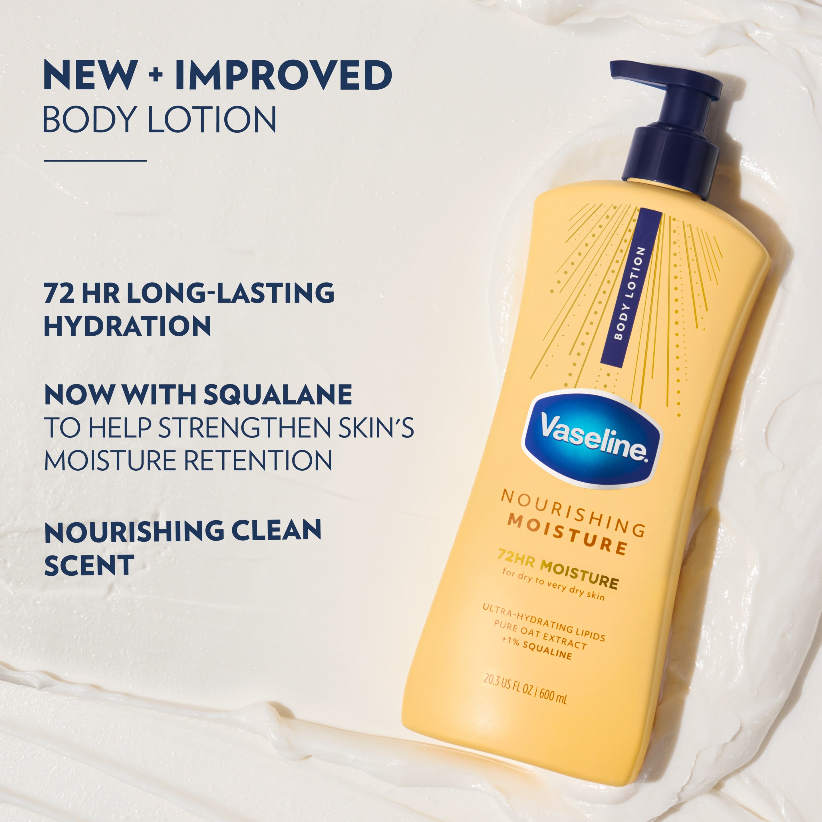 A person applies Vaseline Nourishing Moisture lotion to an arm next to product claims