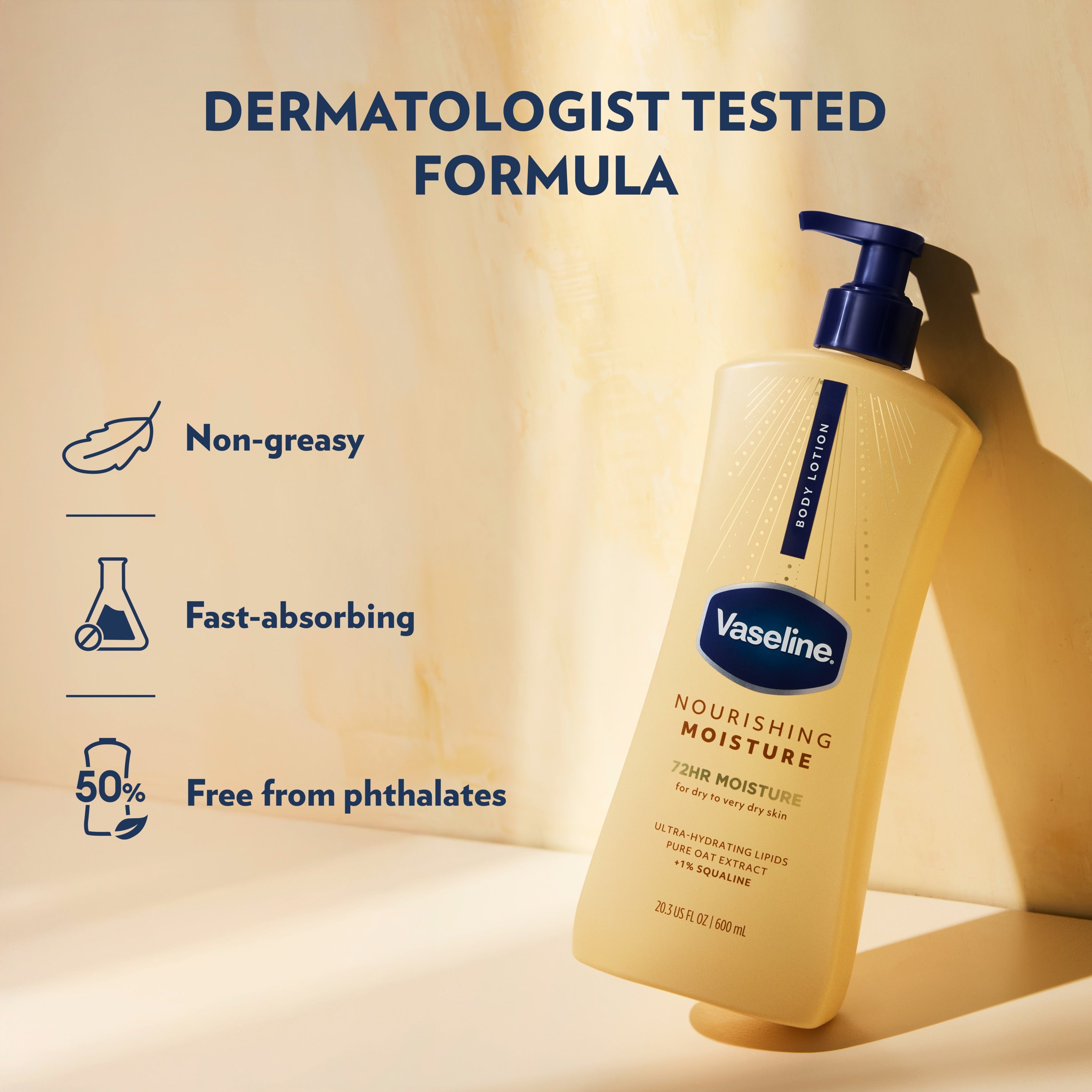 Hands press the pump of a Vaseline Nourishing Moisture lotion bottle beside text