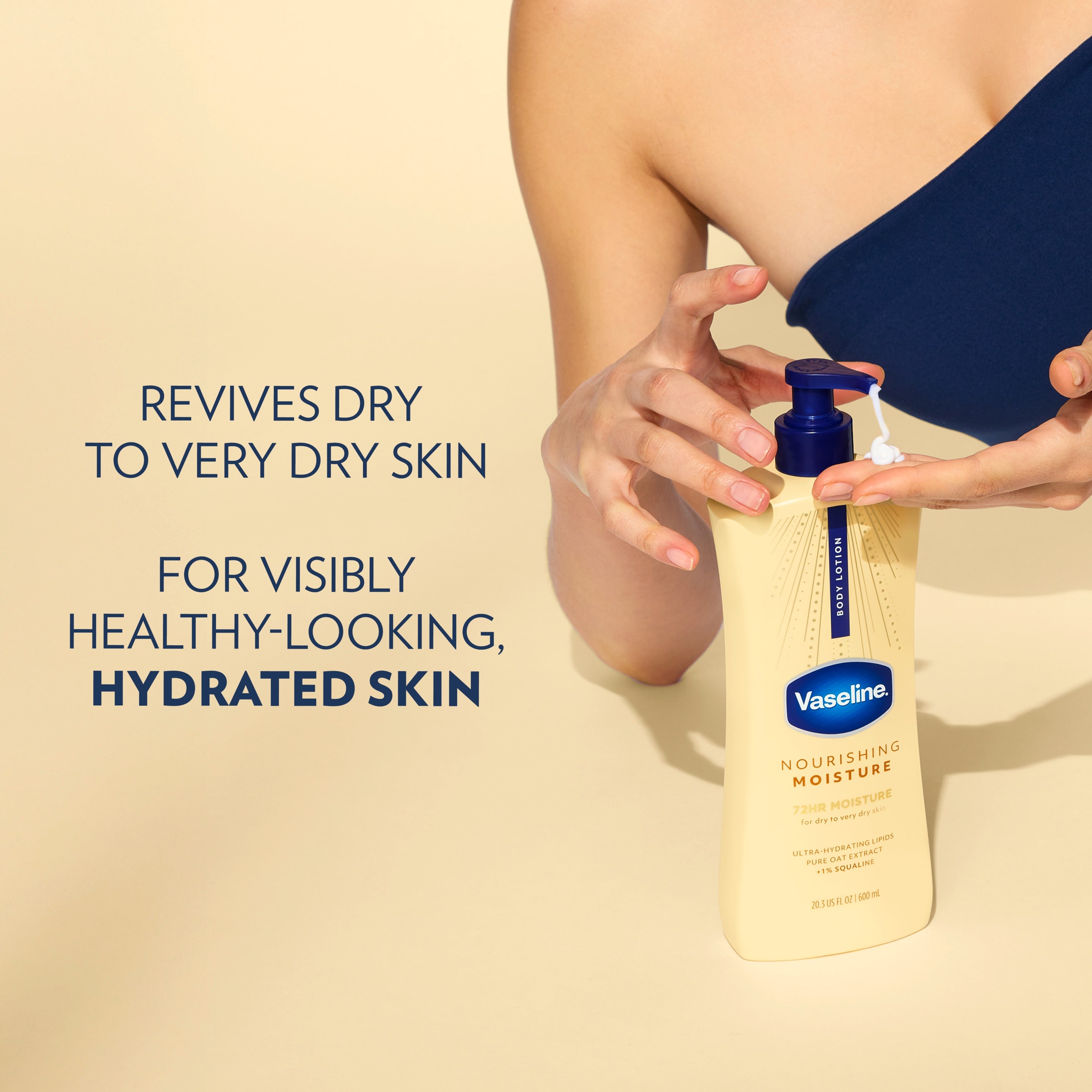 A bottle of Vaseline Nourishing Moisture lotion is shown beside oat grains and text