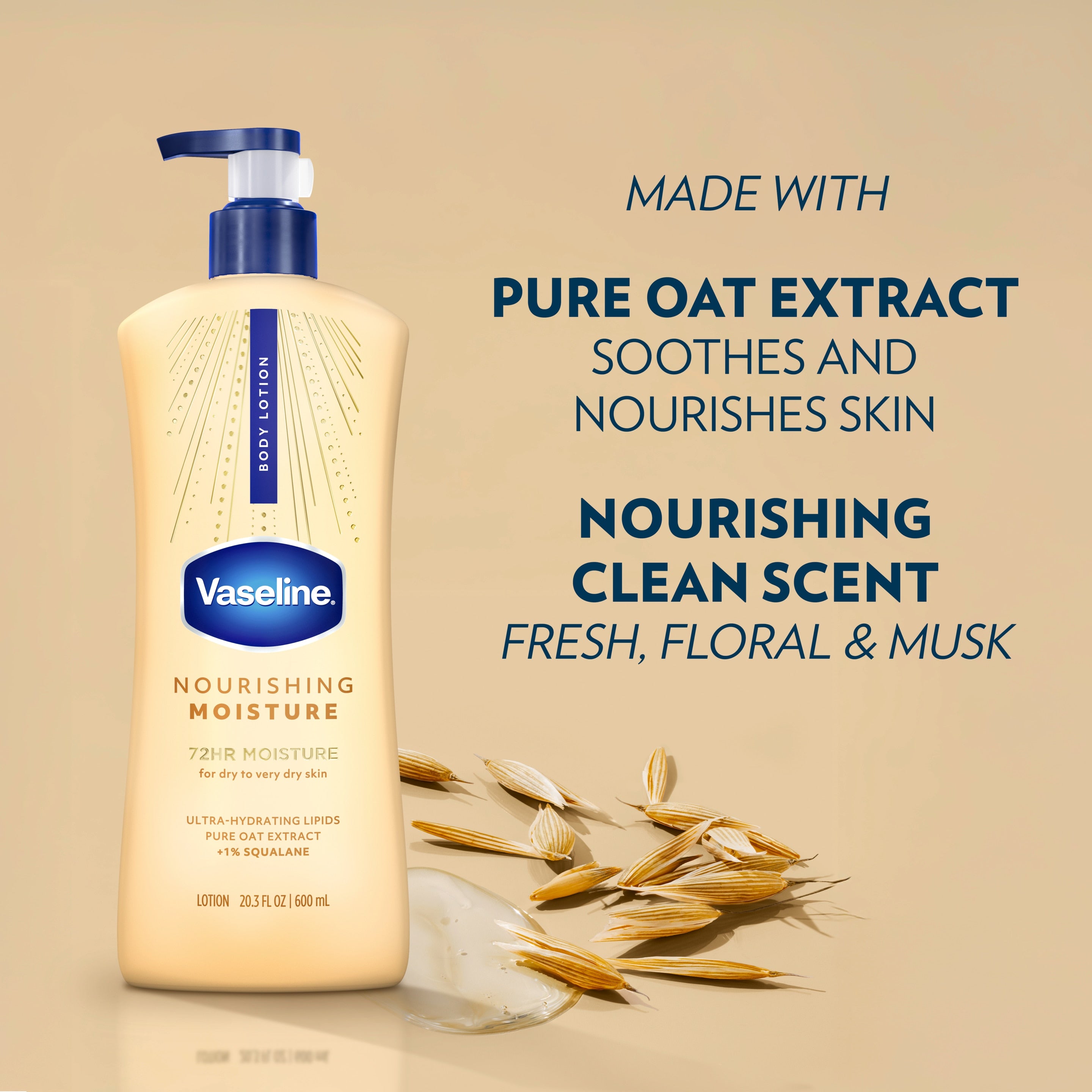 A bottle of Vaseline Nourishing Moisture body lotion is shown alongside text against a lotion background