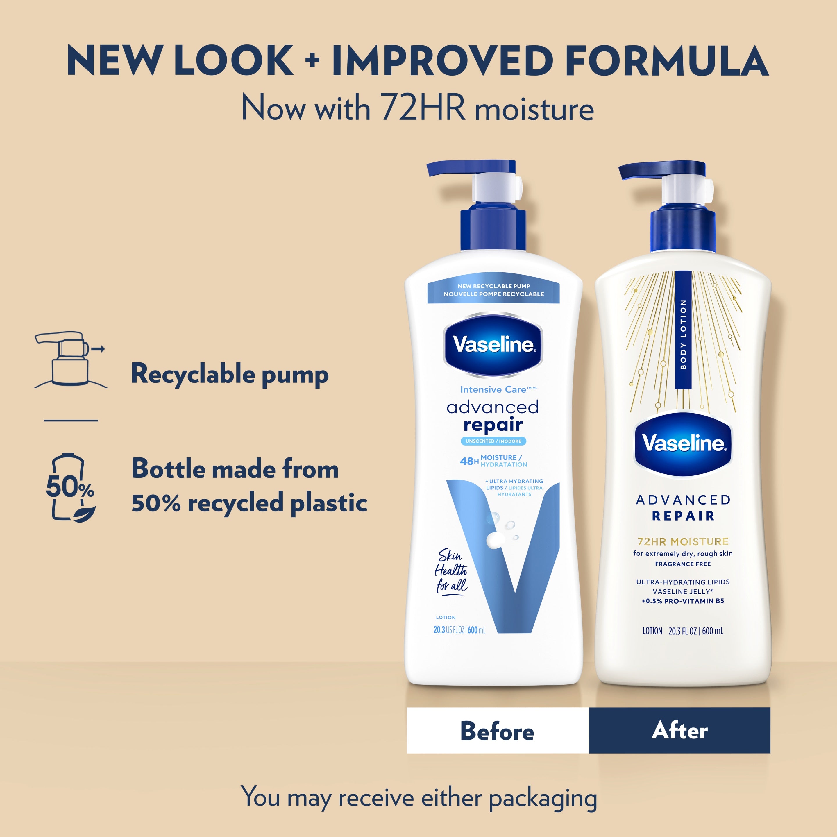 Woman's shoulder before and after applying Vaseline Advanced Repair Unscented Body Lotion