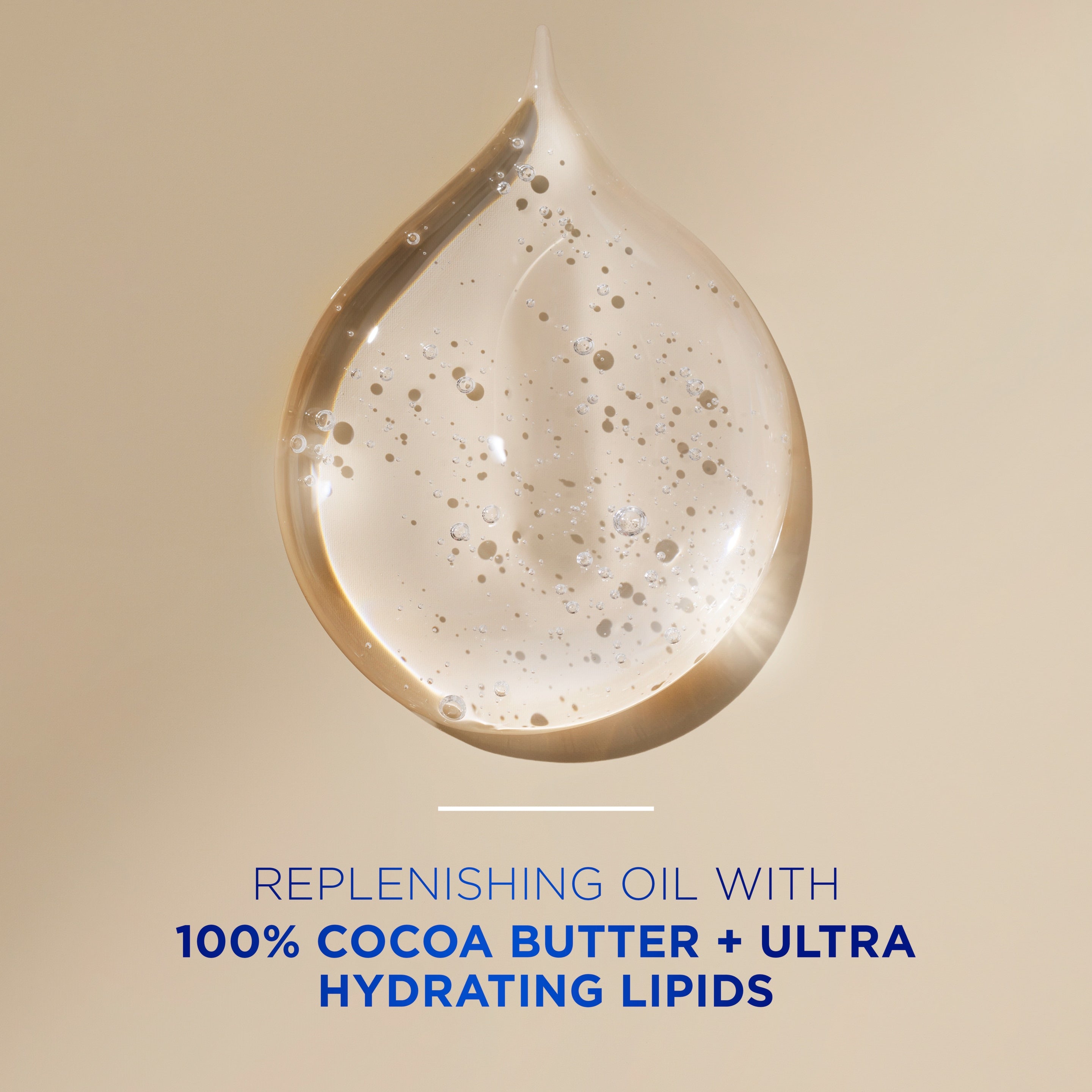 A large droplet of Vaseline Cocoa Radiant gel oil is shown above text