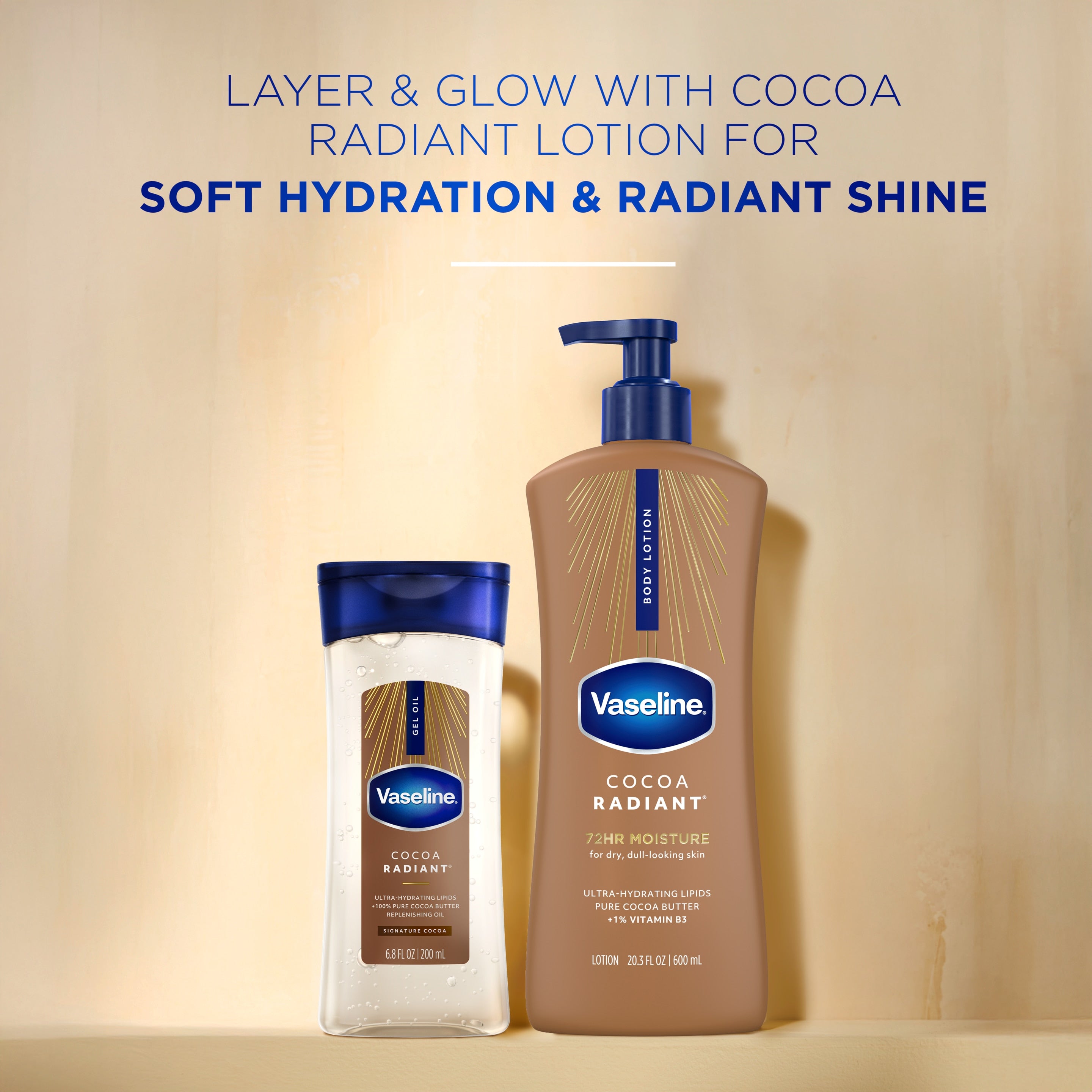 Two Vaseline Cocoa Radiant products—a gel oil and a lotion—are displayed against a light background beside text