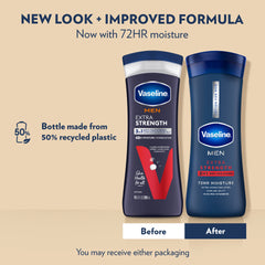The old and new Vaseline Men Healing Moisture Extra Strength Lotion bottles side by side with text
