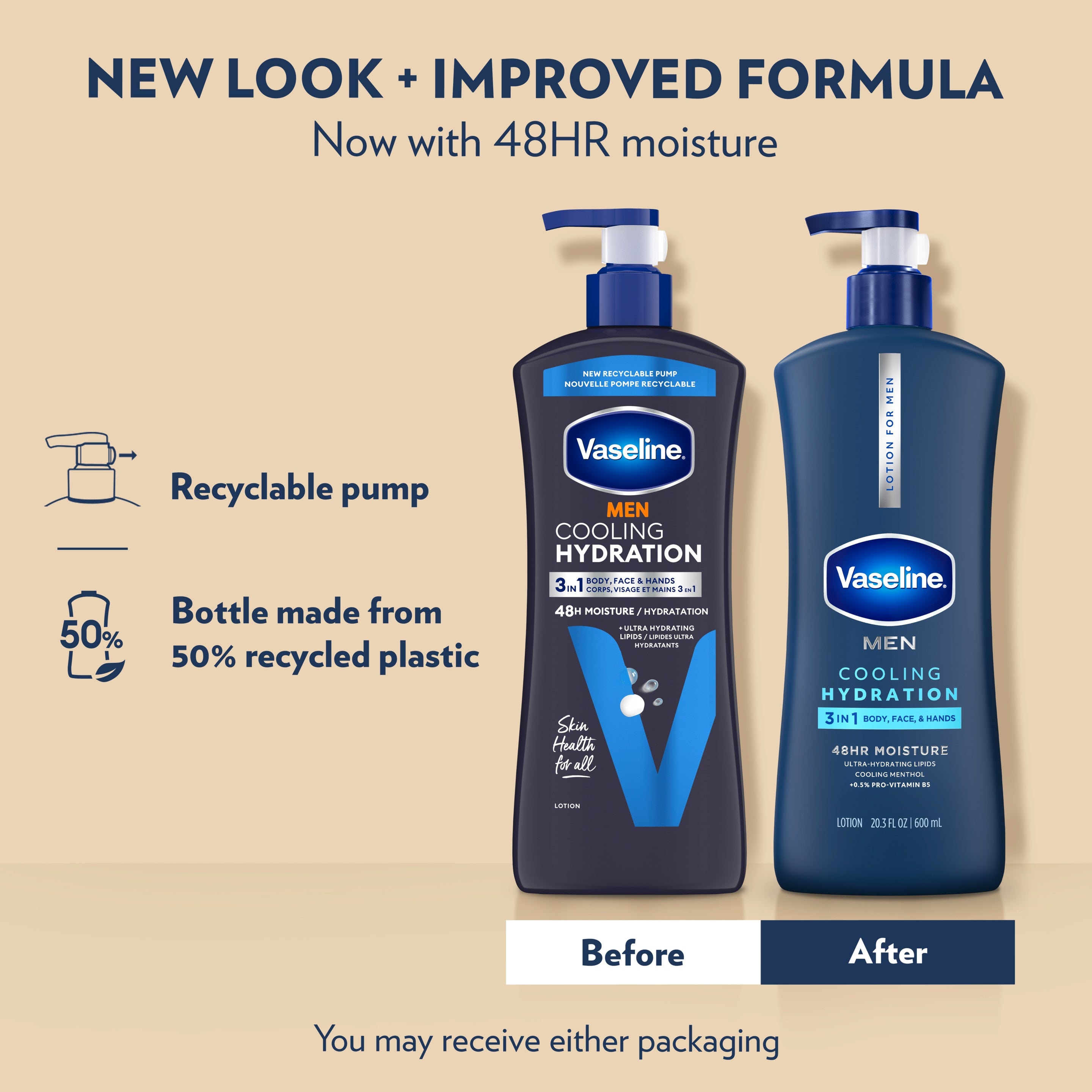 The old and new Vaseline Men Cooling Hydration lotion bottles side by side with text