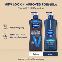 The old and new Vaseline Men Cooling Hydration lotion bottles side by side with text