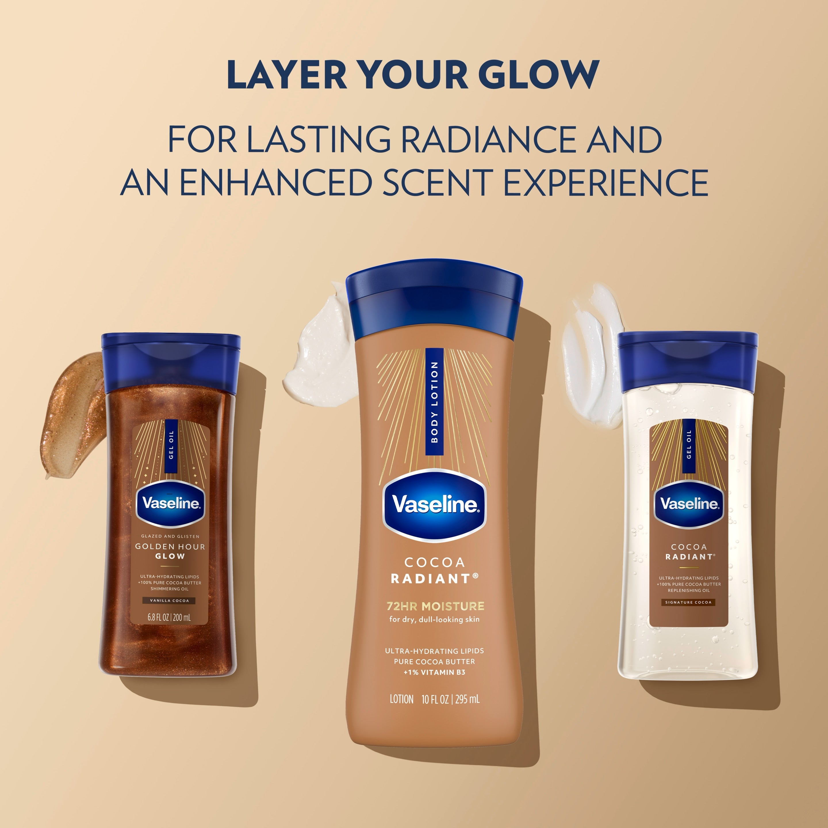 A bottle of Vaseline Cocoa Radiant lotion is shown with text