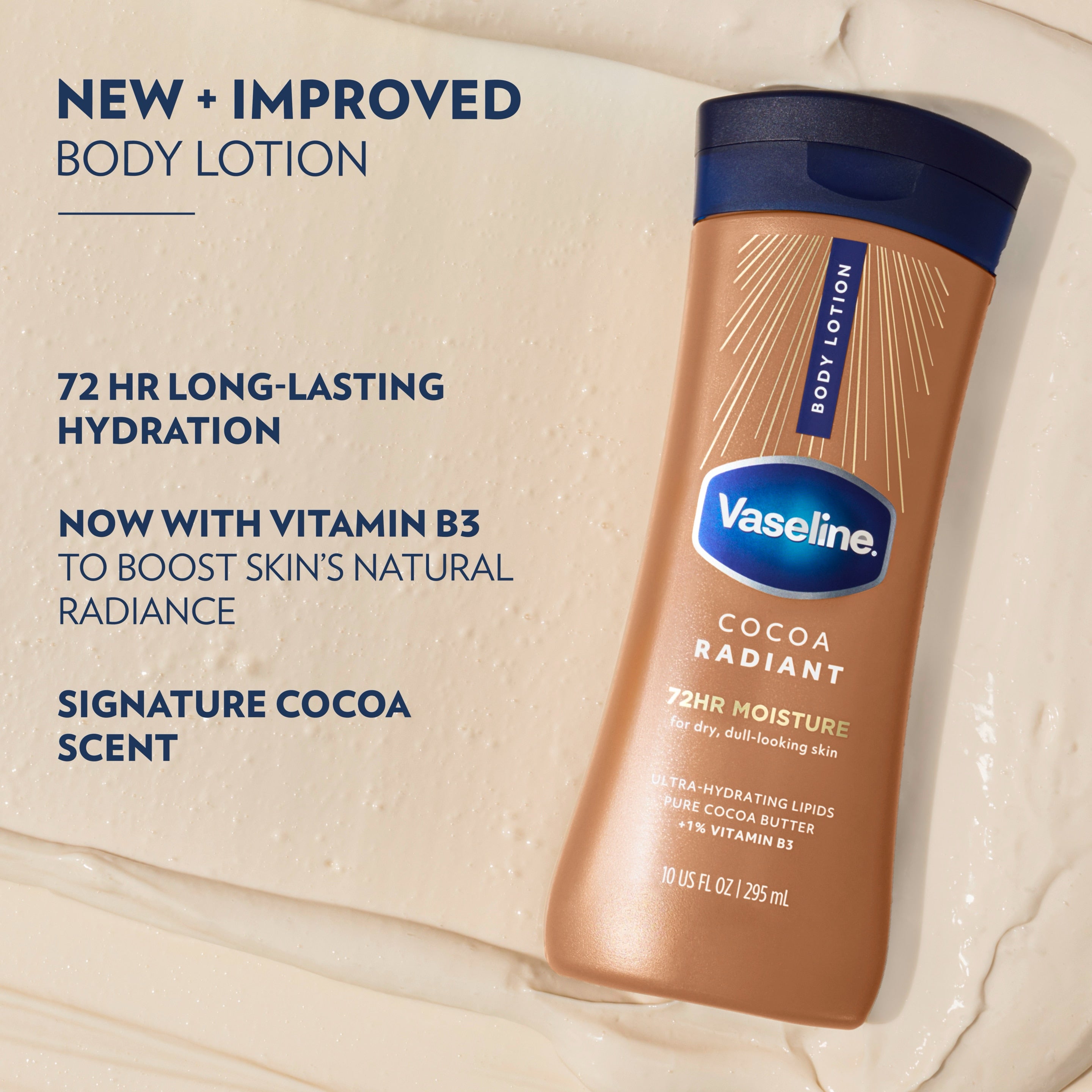 A person applies Vaseline Cocoa Radiant Lotion to their arm beside text