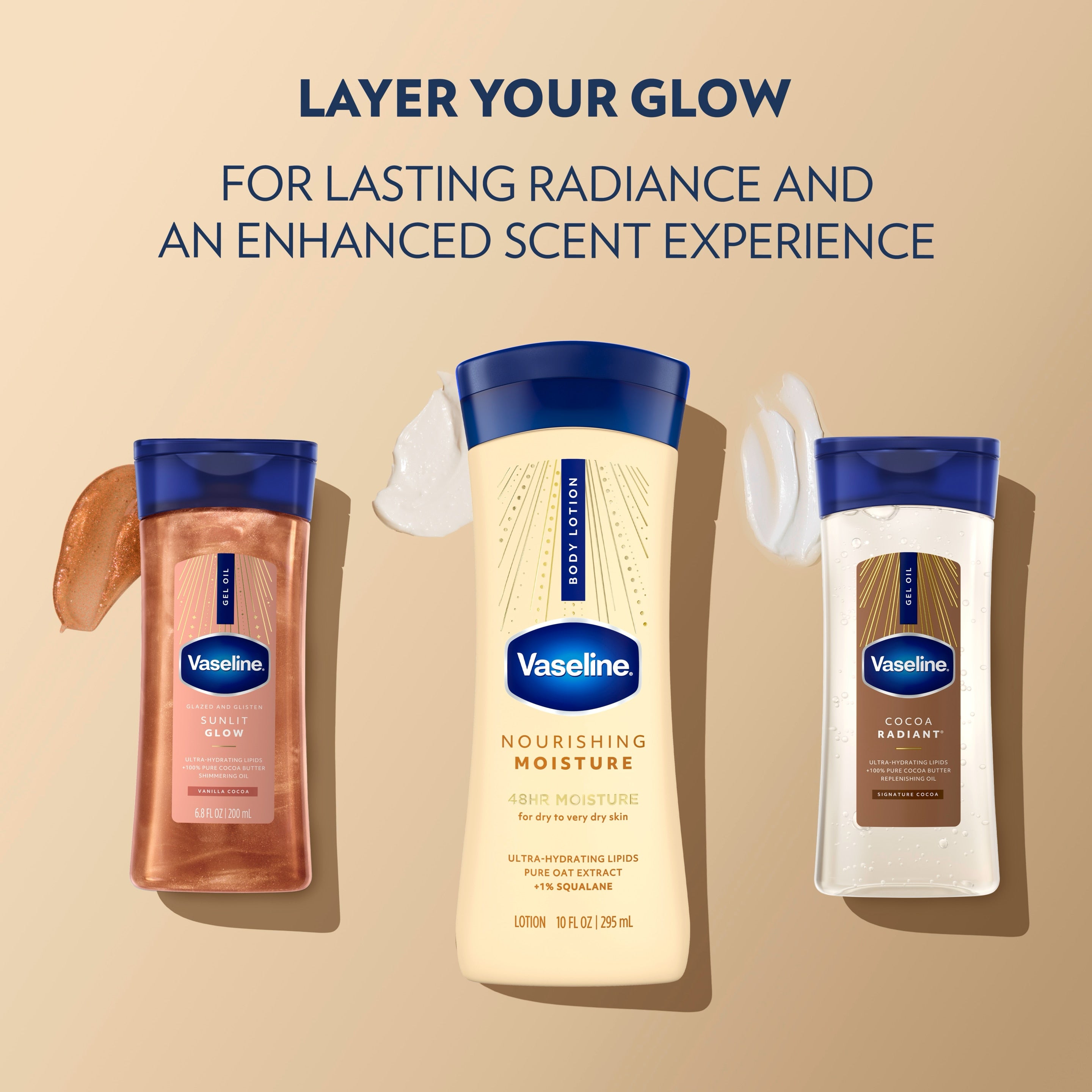 A bottle of Vaseline Nourishing Moisture body lotion is shown alongside text against a lotion background