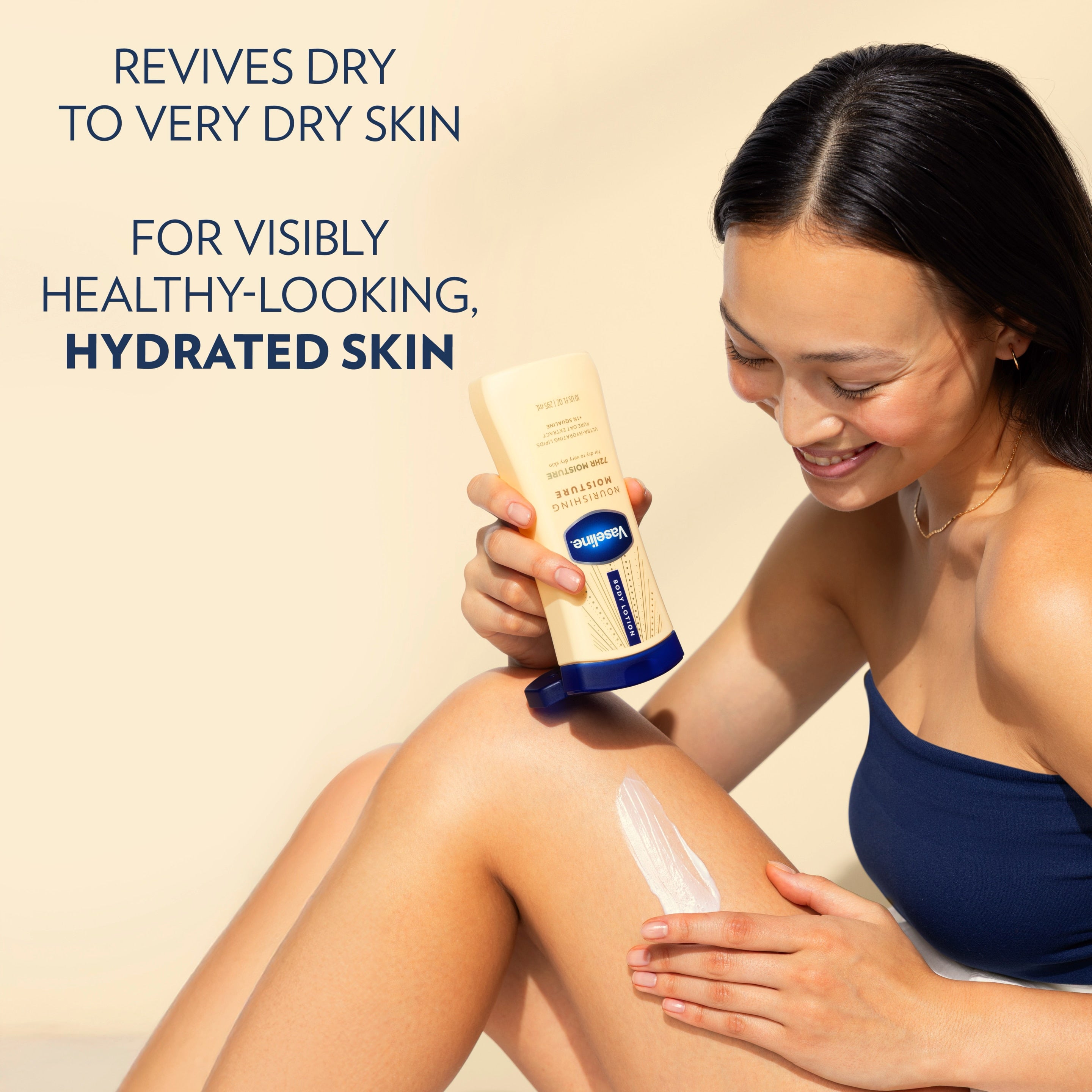 A person applies Vaseline Nourishing Moisture lotion to a leg beside text