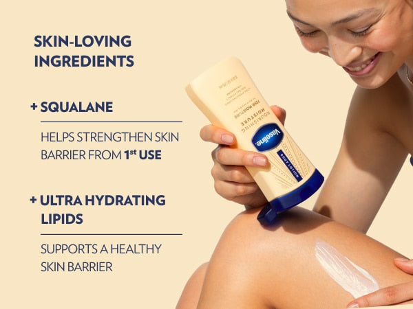 A bottle of Vaseline Nourishing Moisture lotion is shown beside oat pieces, oil, and text