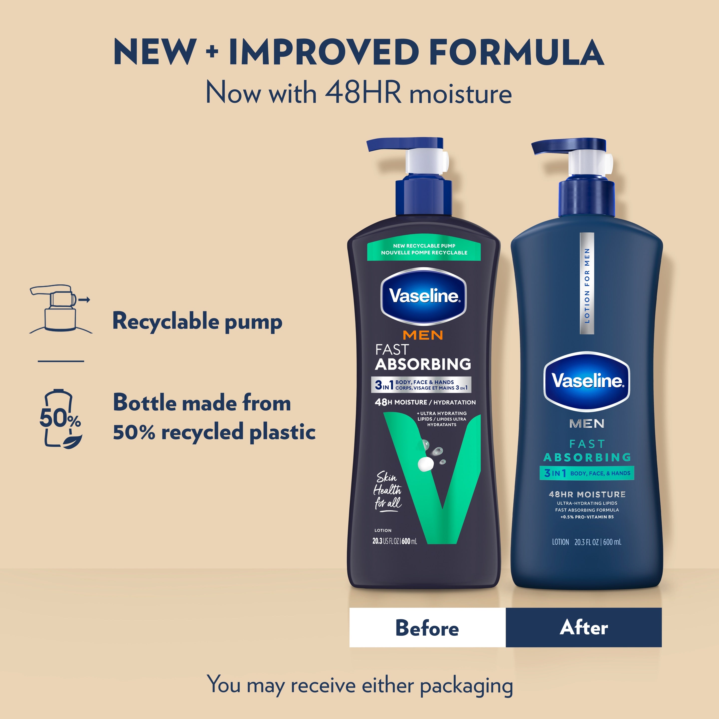 The old and new Vaseline Men Fast Absorbing Lotion bottles side by side with text
