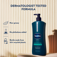 A Vaseline Men Fast Absorbing lotion bottle is shown beside text