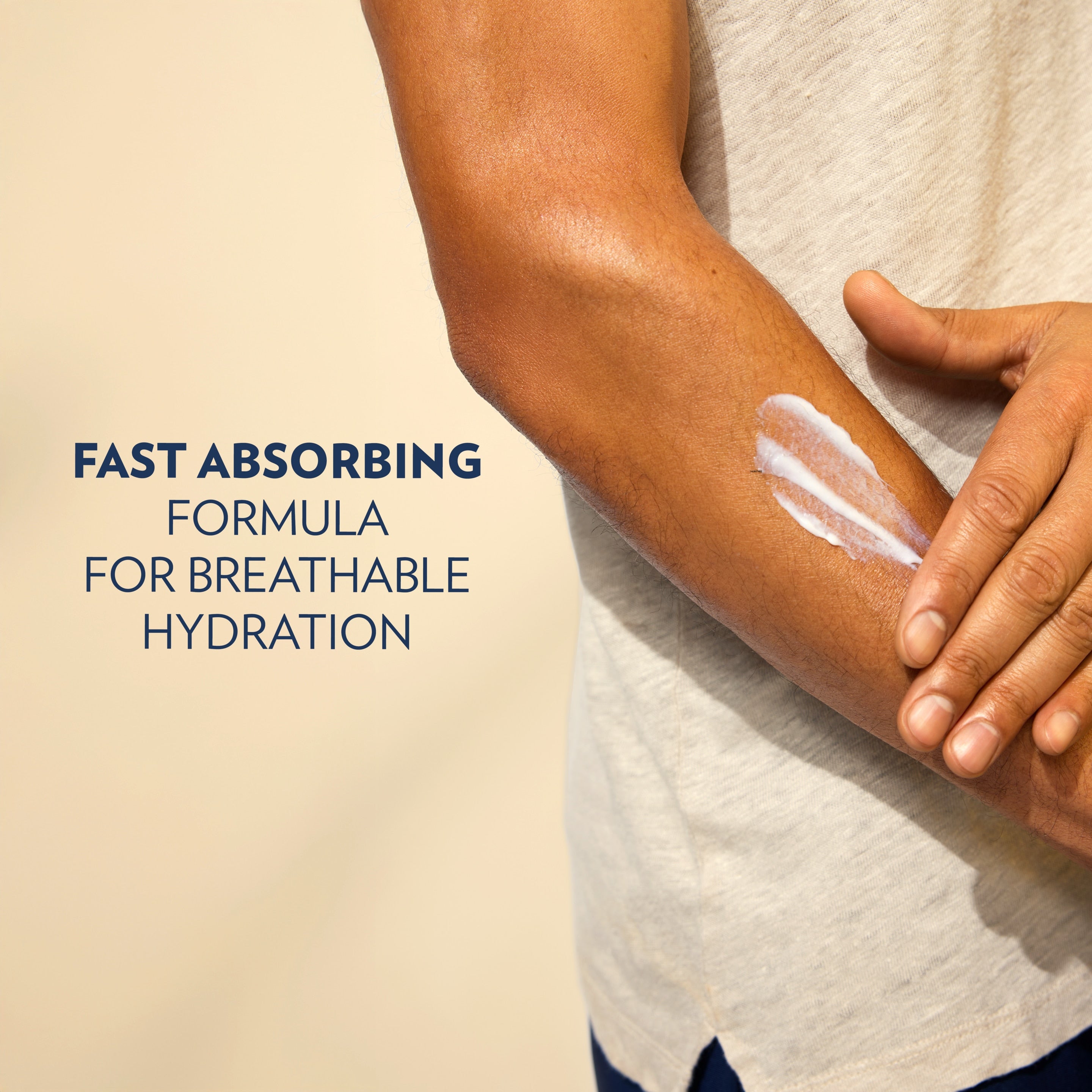 Vaseline Men Fast Absorbing Lotion being applied to an arm appears beside text