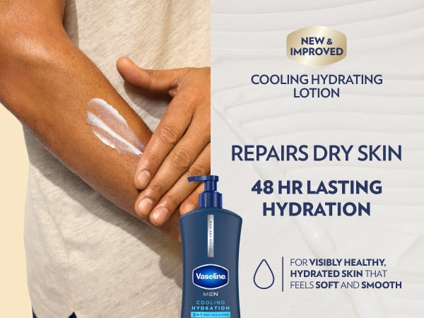 Lotion being applied to an arm beside Vaseline Men Cooling Hydration lotion bottle and text