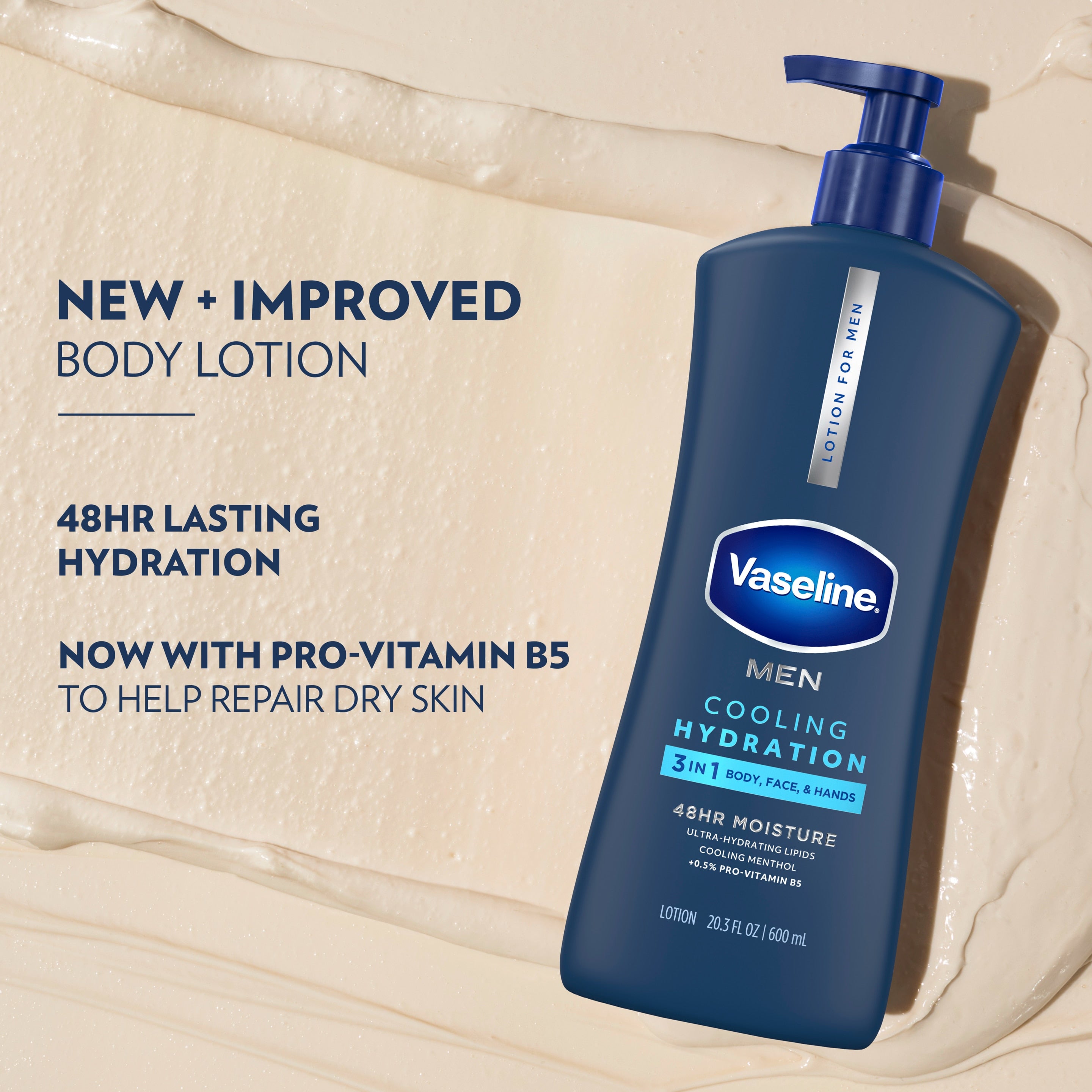 Vaseline Men Cooling Hydration lotion bottle on a beige lotion background with text