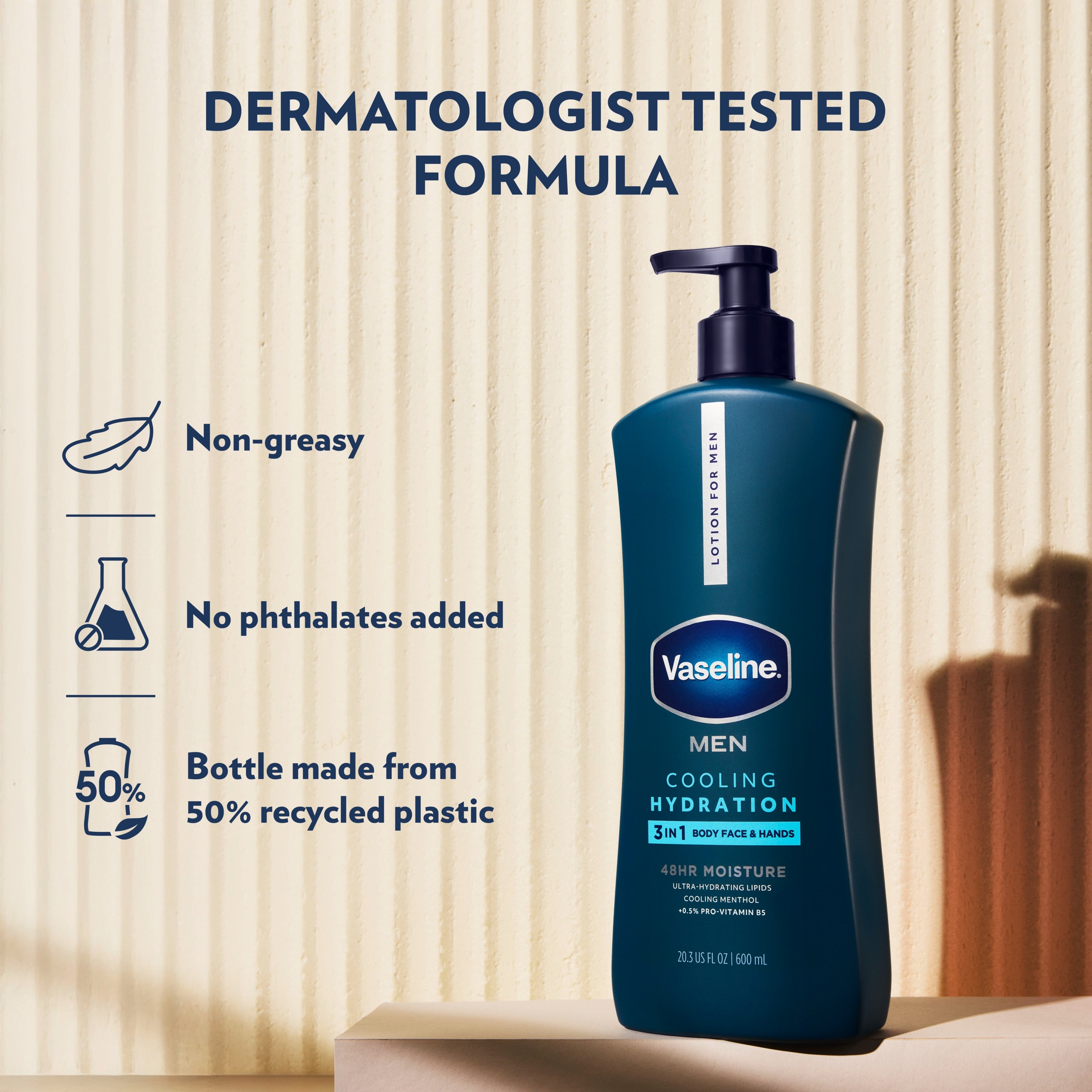 A Vaseline Men Cooling Hydration lotion bottle is shown beside text