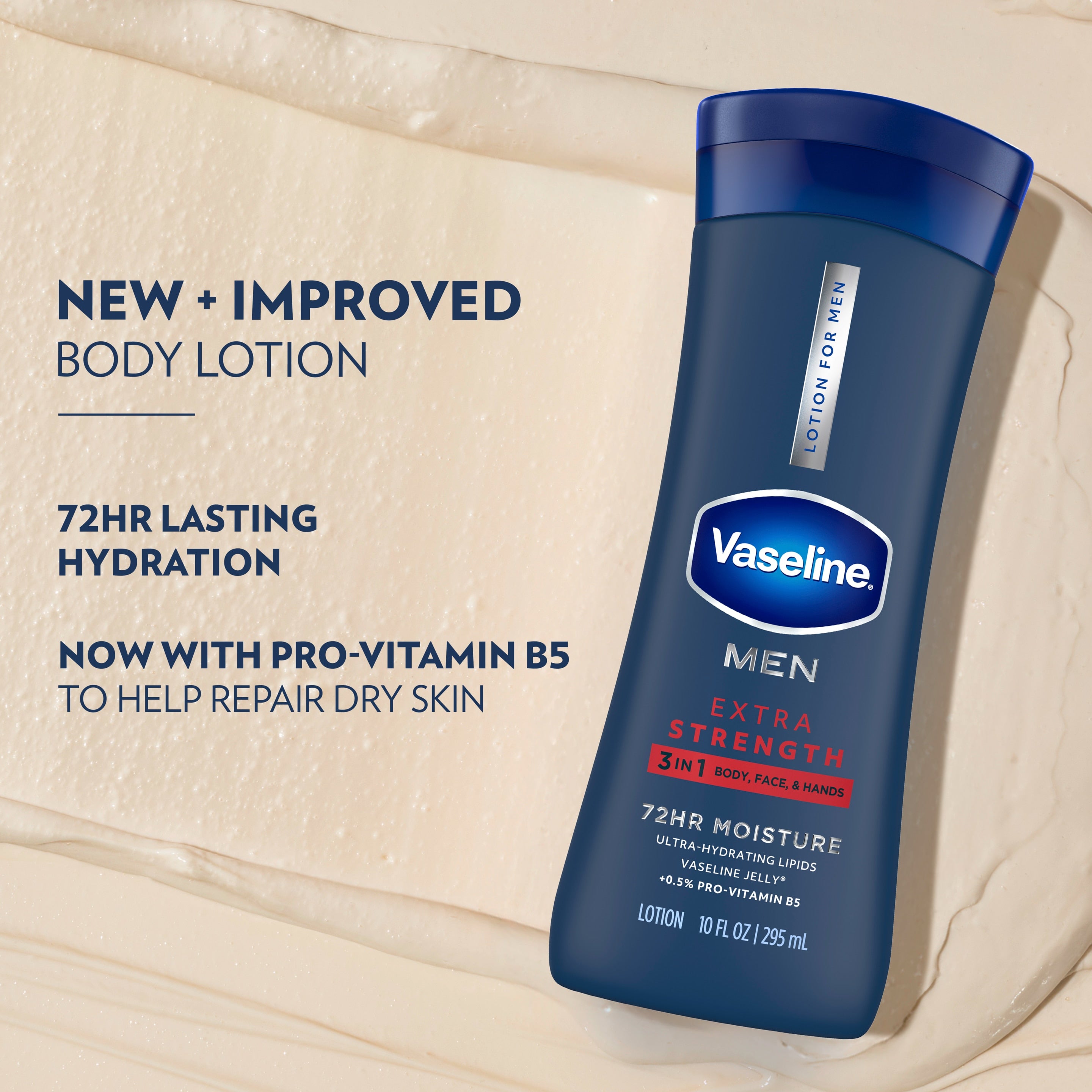 A Vaseline Men Extra Strength lotion bottle sits on a lotion-textured background beside text