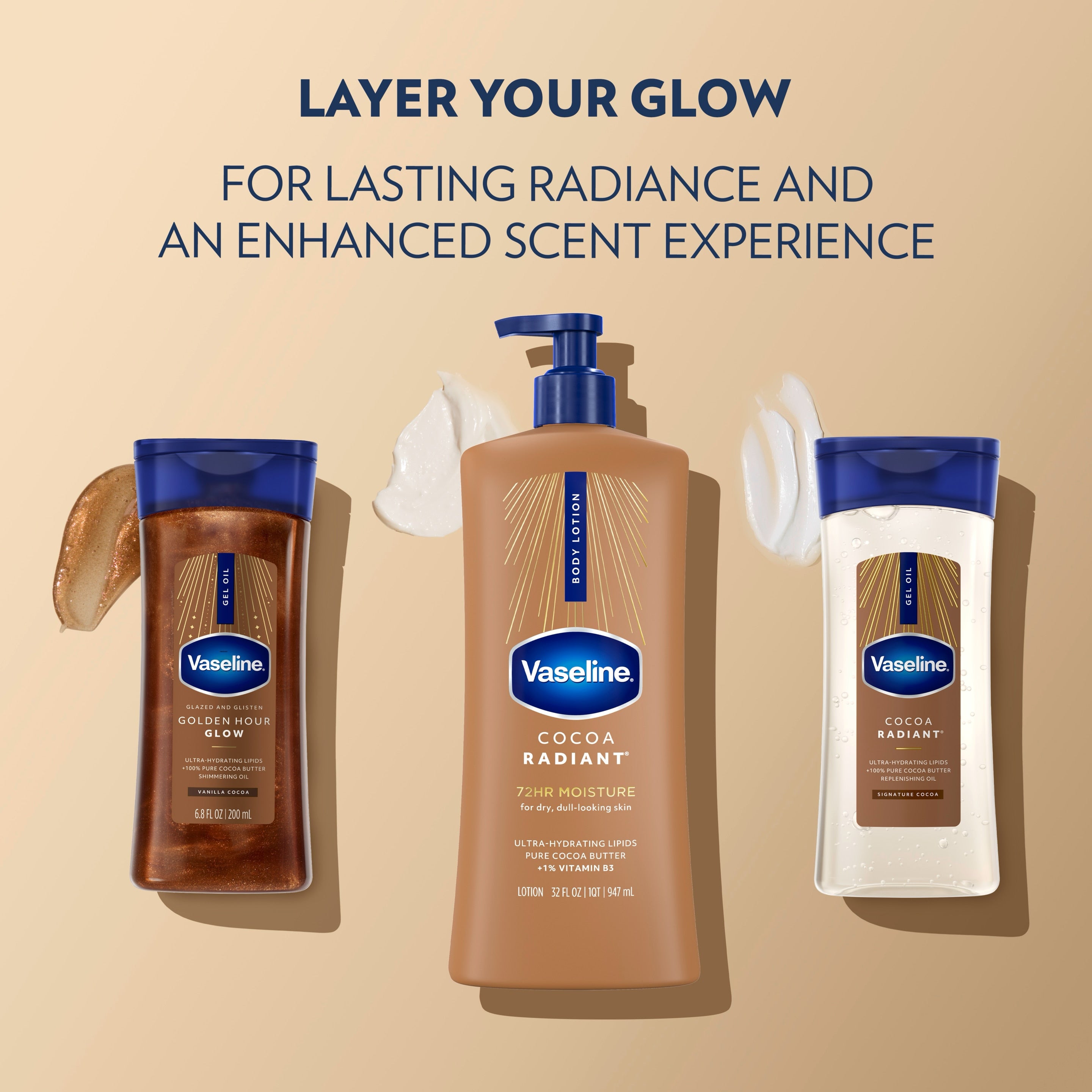 Side-by-side before and after photos showing a person’s thigh without and with Vaseline Cocoa Radiant Lotion