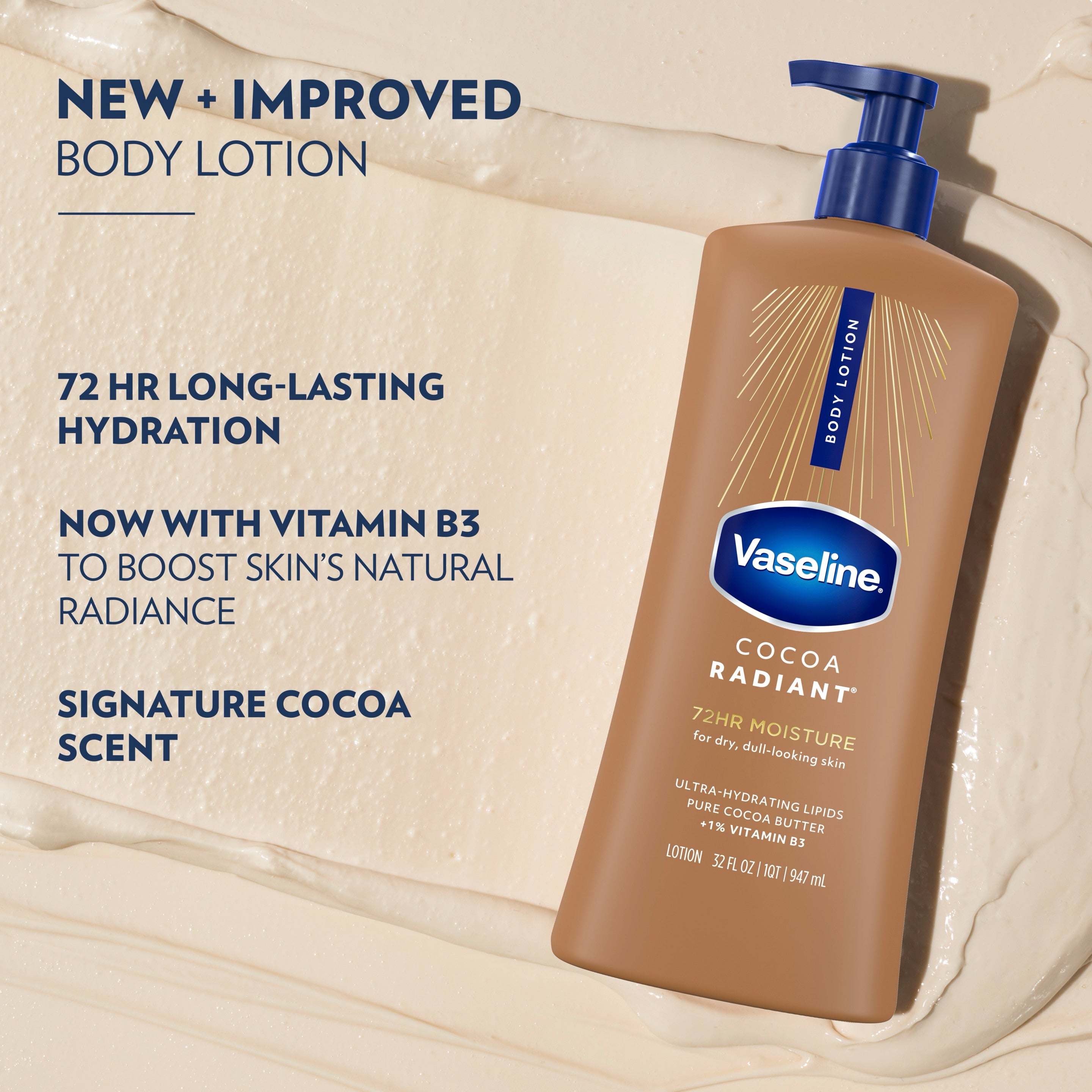 A before‑and‑after comparison shows old and new Vaseline Cocoa Radiant lotion bottles with text