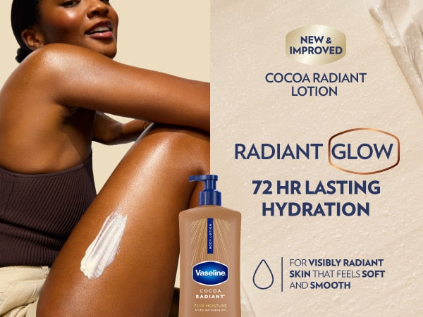 Two Vaseline Cocoa Radiant products and Golden Hour Glow Gel Oil are shown with text