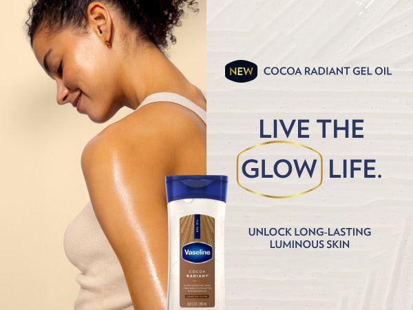 A person’s shoulder and upper arm appear with a glossy, radiant finish beside a bottle of Vaseline Cocoa Radiant Gel Oil and text