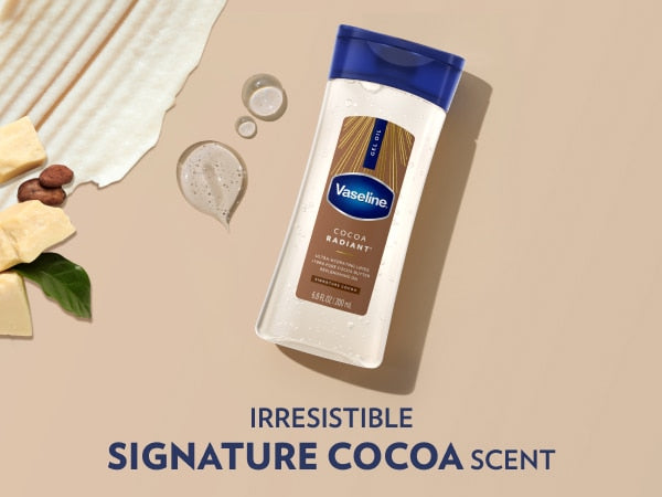 A bottle of Vaseline Cocoa Radiant gel oil is shown beside lotion, cocoa butter pieces, cocoa beans, and gel oil drops with text