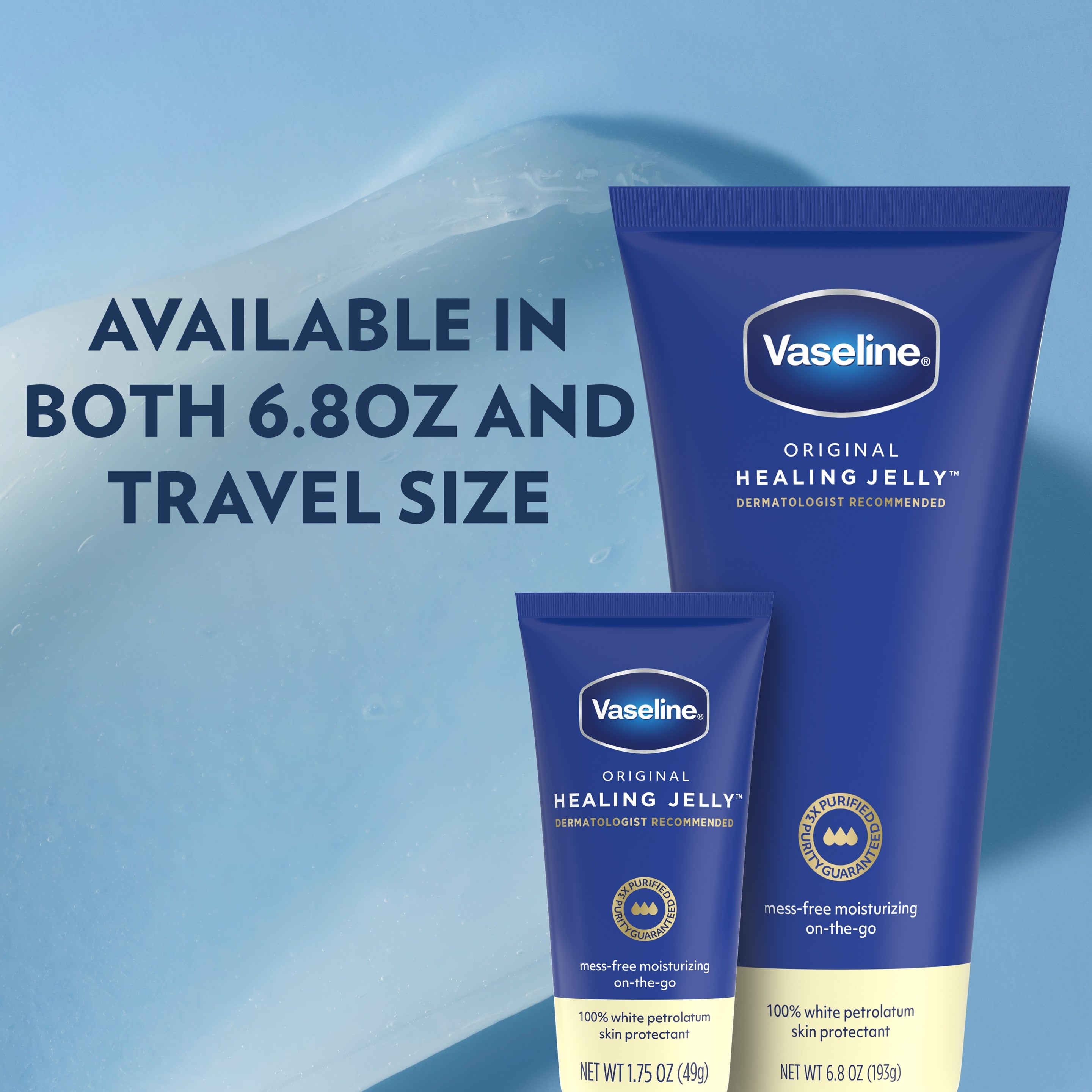 Two Vaseline Healing Jelly Tubes, in full and travel sizes, are shown with text