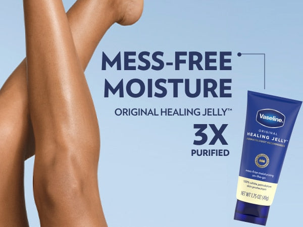A pair of smooth, crossed legs appears beside a Vaseline Healing Jelly Tube with text