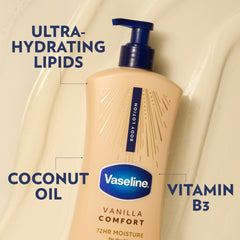 Vaseline Vanilla Comfort Body Lotion bottle highlighted with callouts
