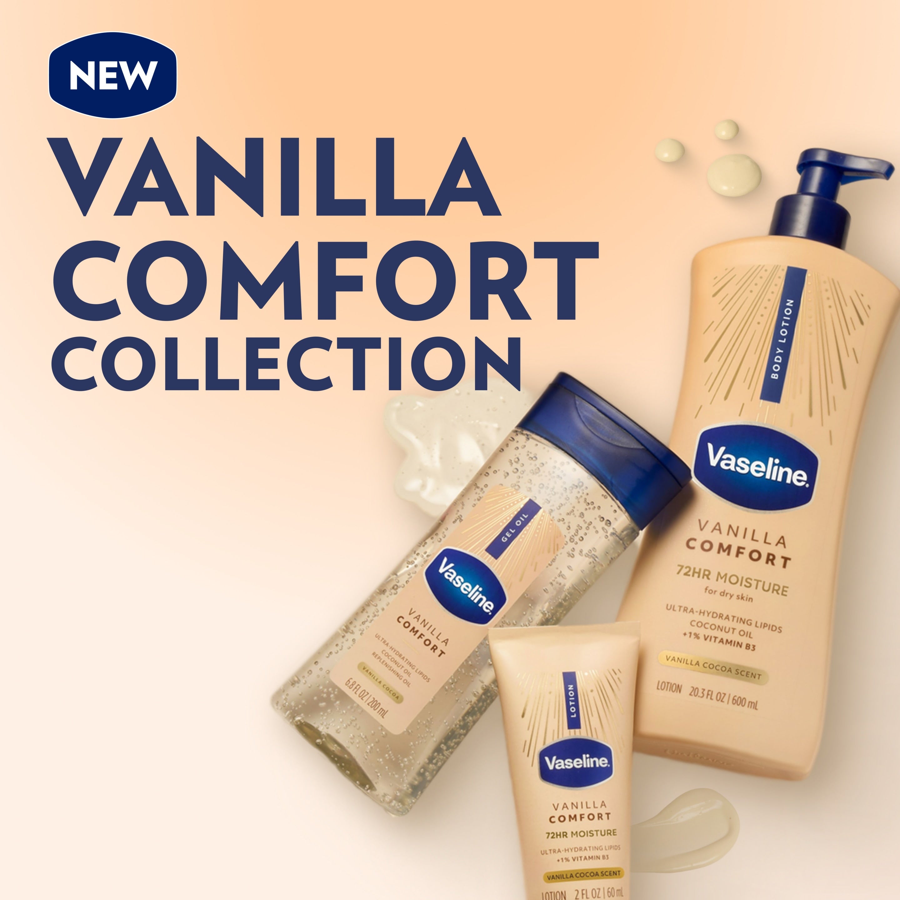 Vaseline Vanilla Comfort Collection featuring body lotion, gel oil, and travel-size lotion displayed on a cream background with the text