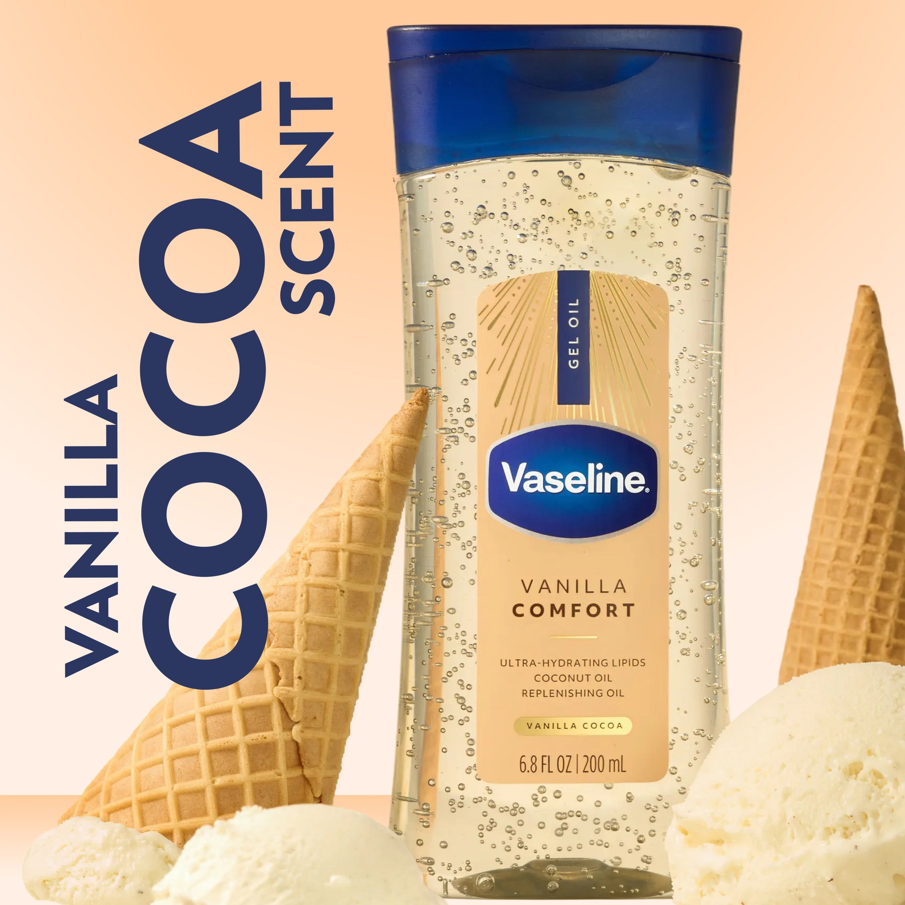 Vaseline Vanilla Comfort Gel Oil displayed with vanilla ice cream scoops and waffle cones with text