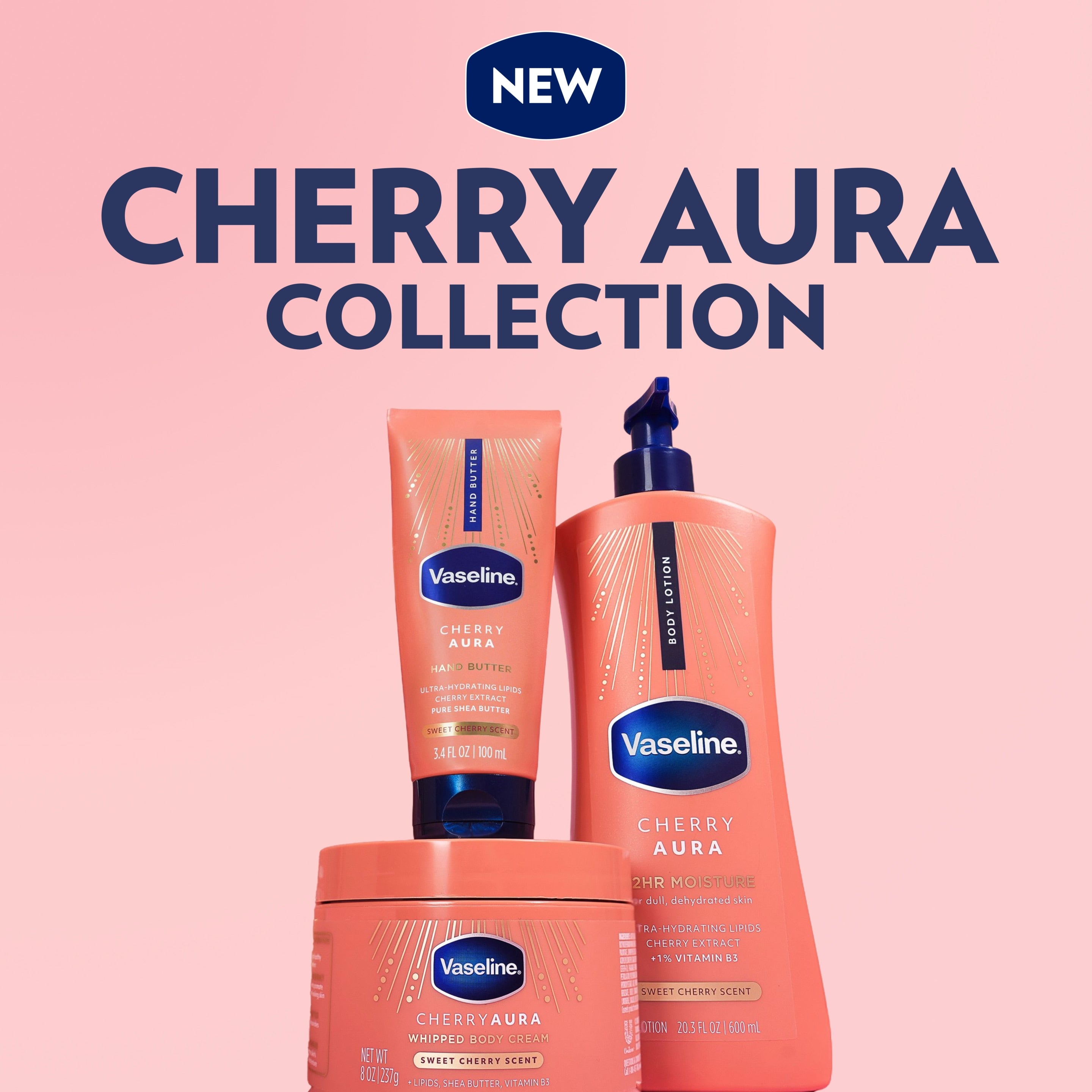 The new Vaseline Cherry Aura Collection, featuring whipped body cream, hand butter, and body lotion, displayed together