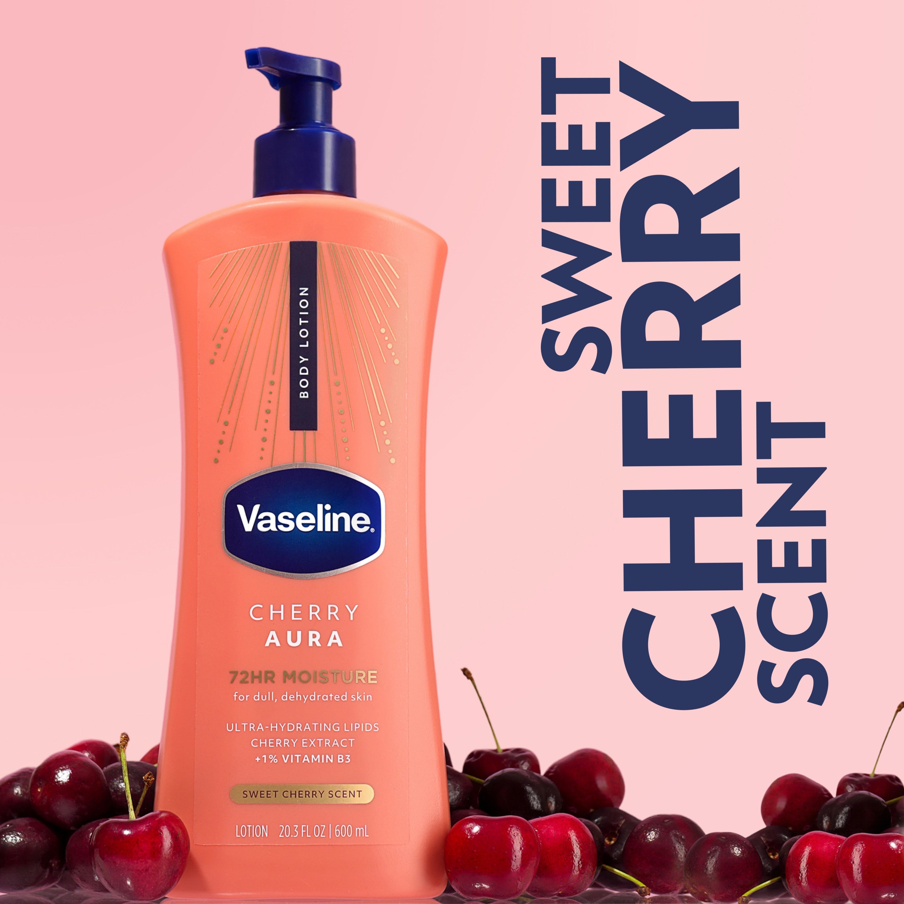 Vaseline Cherry Aura body lotion bottle surrounded by fresh cherries, with text
