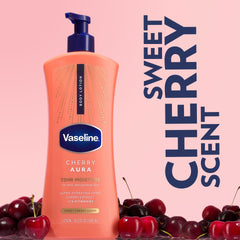 Vaseline Cherry Aura body lotion bottle surrounded by fresh cherries, with text