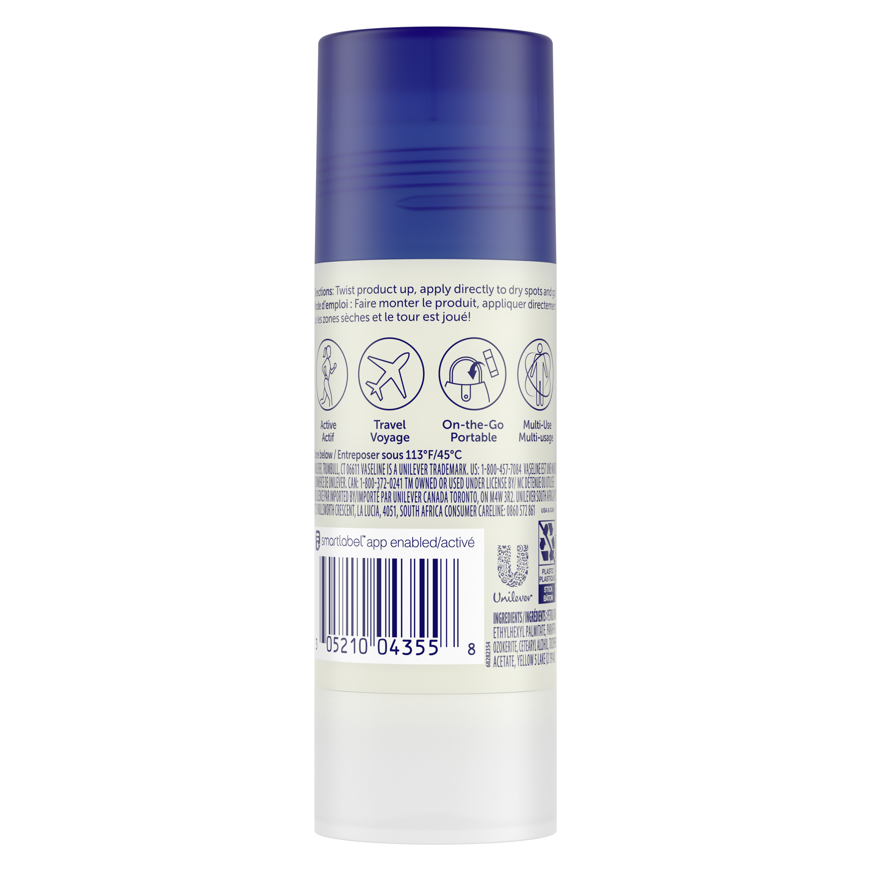 Vaseline® All-Over Body Balm Jelly Stick back of pack, Vaseline Stick , Vaseline Stick  on face